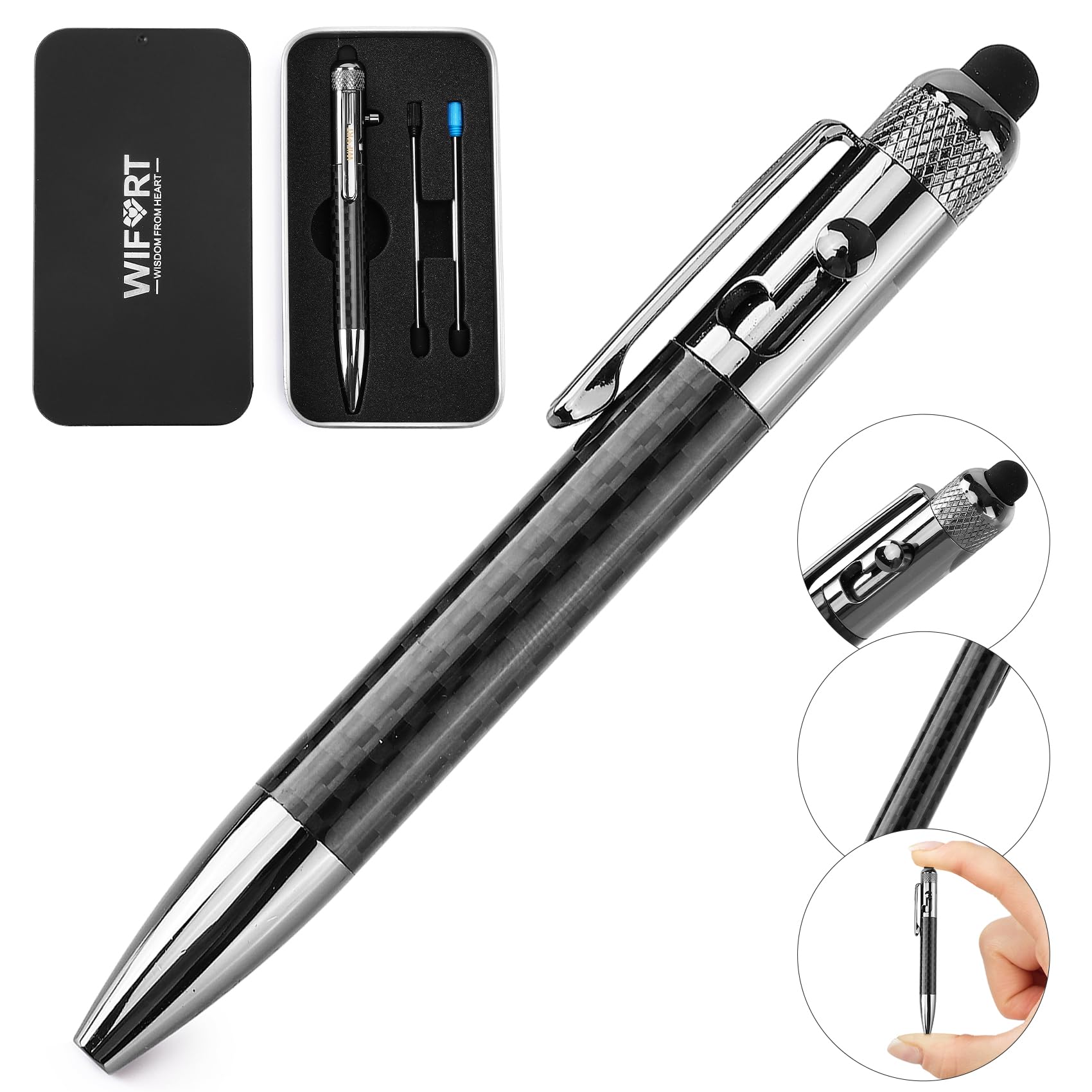 WIFORT Bolt Action - Mini lápiz capacitivo, bolígrafo multifuncional de fibra de carbono con bolígrafos de tinta negra y azul reemplazables EDC para oficina, trabajo, escritura, trabajo de