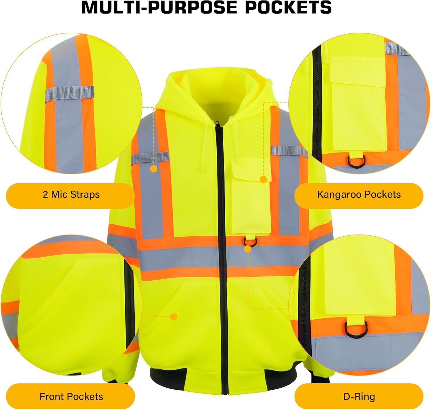 PAFESTER Fleece Safety Hi Vis Lightweight Jacket Reflective Visibility Hooded jacket Bomber Jacket with Pockets Zipper - Image 4