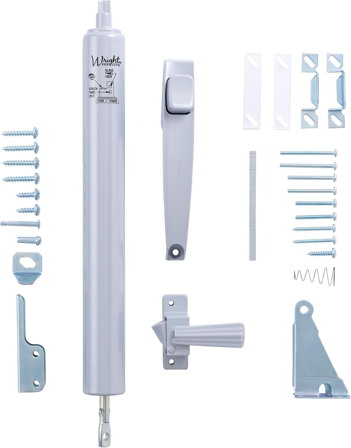 Wright Products Pneumatic Storm Door Closer & Push Button Latch Combo Kit – Adjustable, Smooth-Closing with Hold-Open Feature (Transitional, Aluminum)