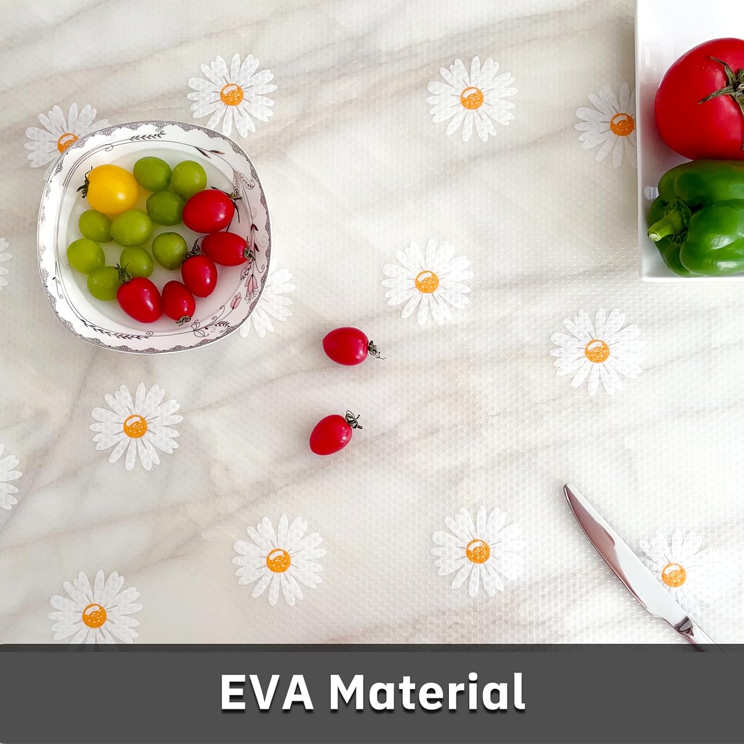 Non-Adhesive Shelf Liners for Kitchen Cabinets, Drawer Liner - Durable EVA Material with Patterns, Oil-Proof, Waterproof - Easy to Clean & Cut (White Yellow, 17.5" W x 356" L)