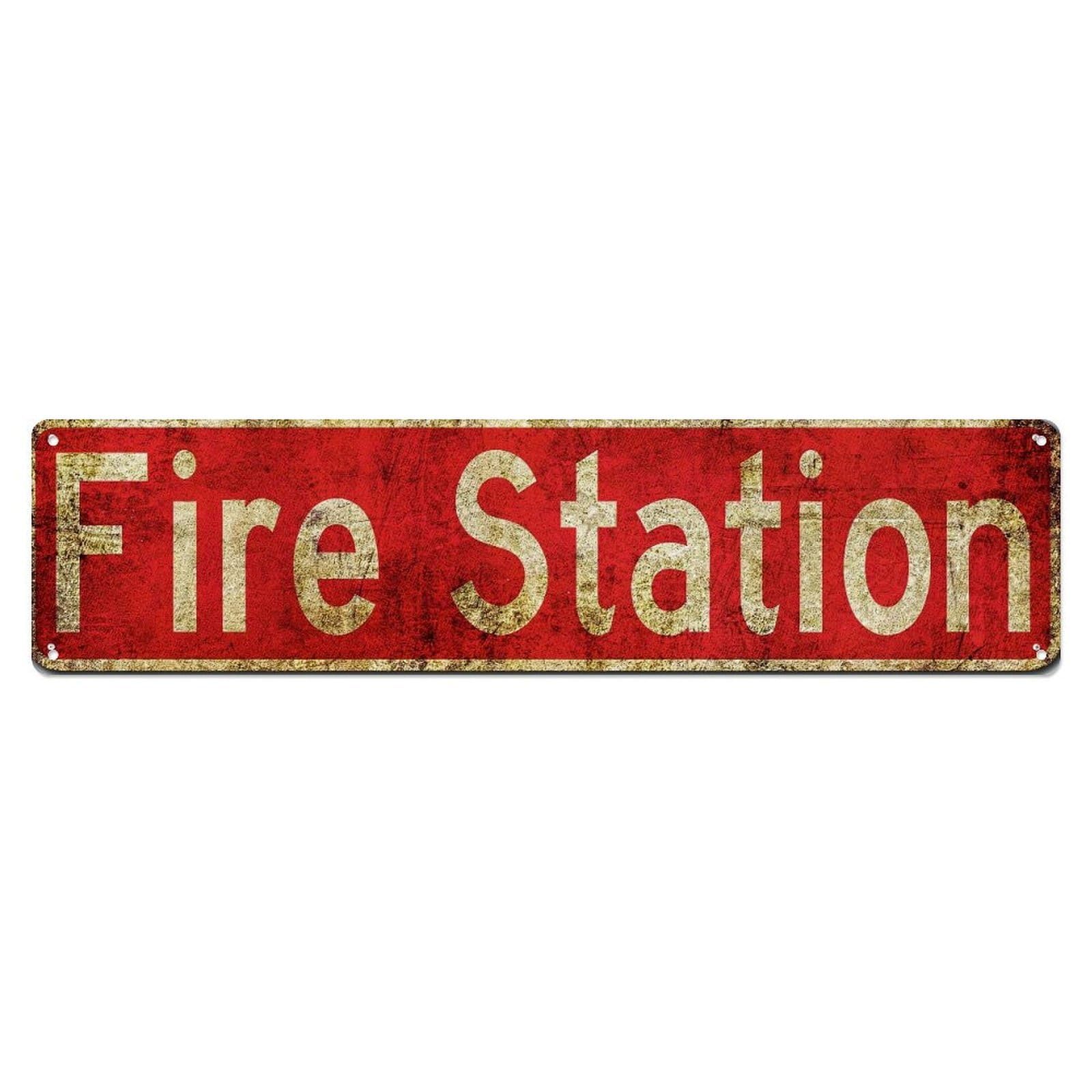Jdyaojiesheng Vintage Fire Station Sign Red Weathered Tin Sign Retro Metal Wall Decor Metal Poster, Home Bar Garage Farmhouse Cafe Wall Art Decoration 4X16inch