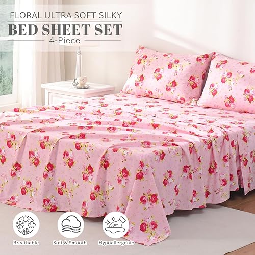 Miniatura 2 de Bedlifes - Juego de sábanas para cama de tamaño queen, diseño ultra suave con bolsillo profundo, 100% microfibra, estampado floral de rosas rojas (4