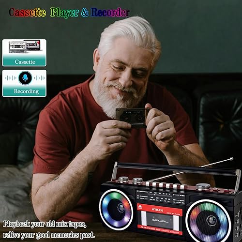 Miniatura 5 de Grabador de cassette retro de los años 80 con radio AMFMSW, Boombox Bluetooth, USB, micrófono integrado para grabación de voz, luces coloridas RGB,