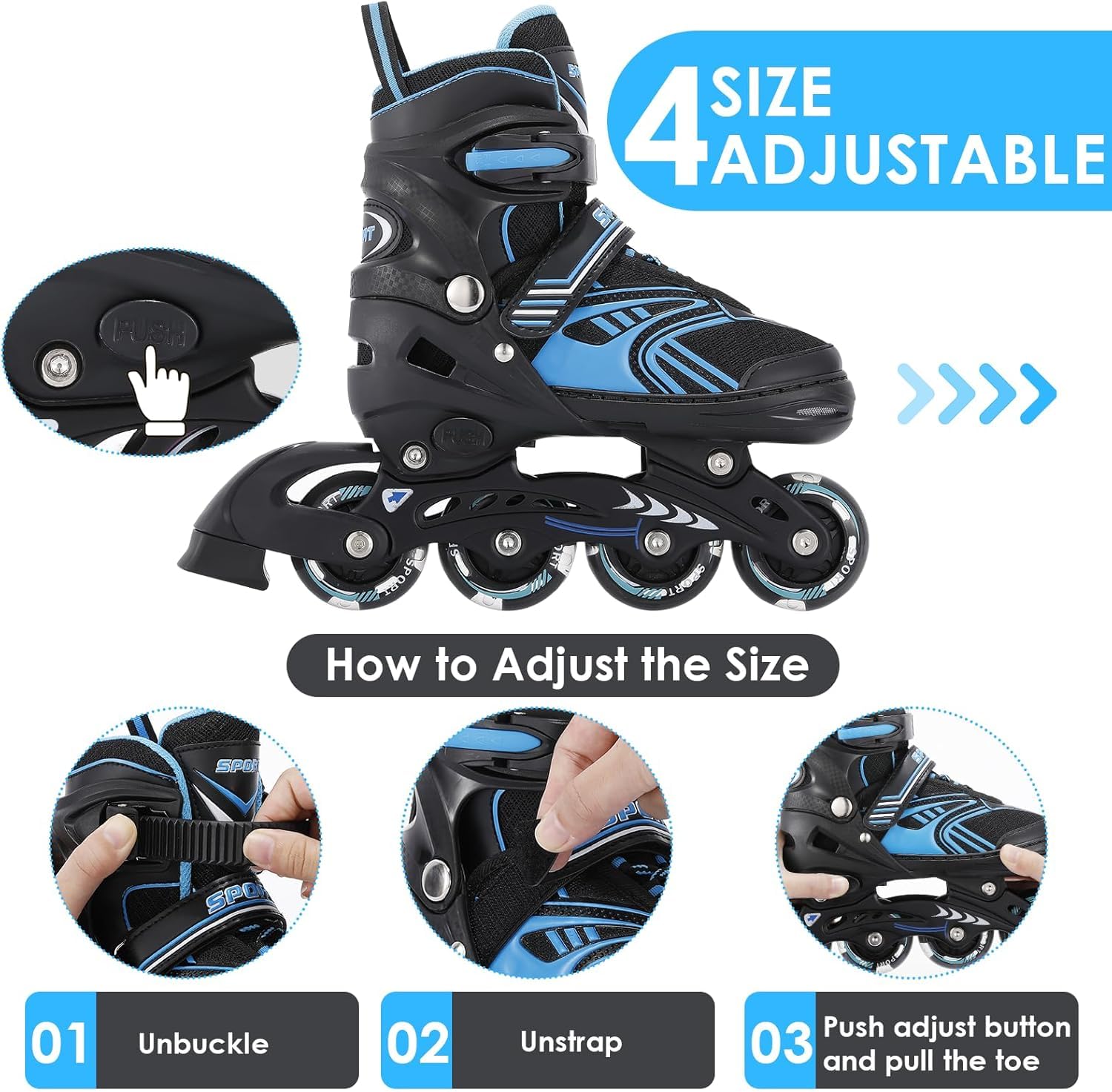 TOMSHOO Inliner, Rollschuhe Inline Roller Skates mit 4 Größen Verstellbar, LED Rädern, Mehrere Größenoptionen, Inlineskates für Kinder Erwachsene Jungen Mädchen