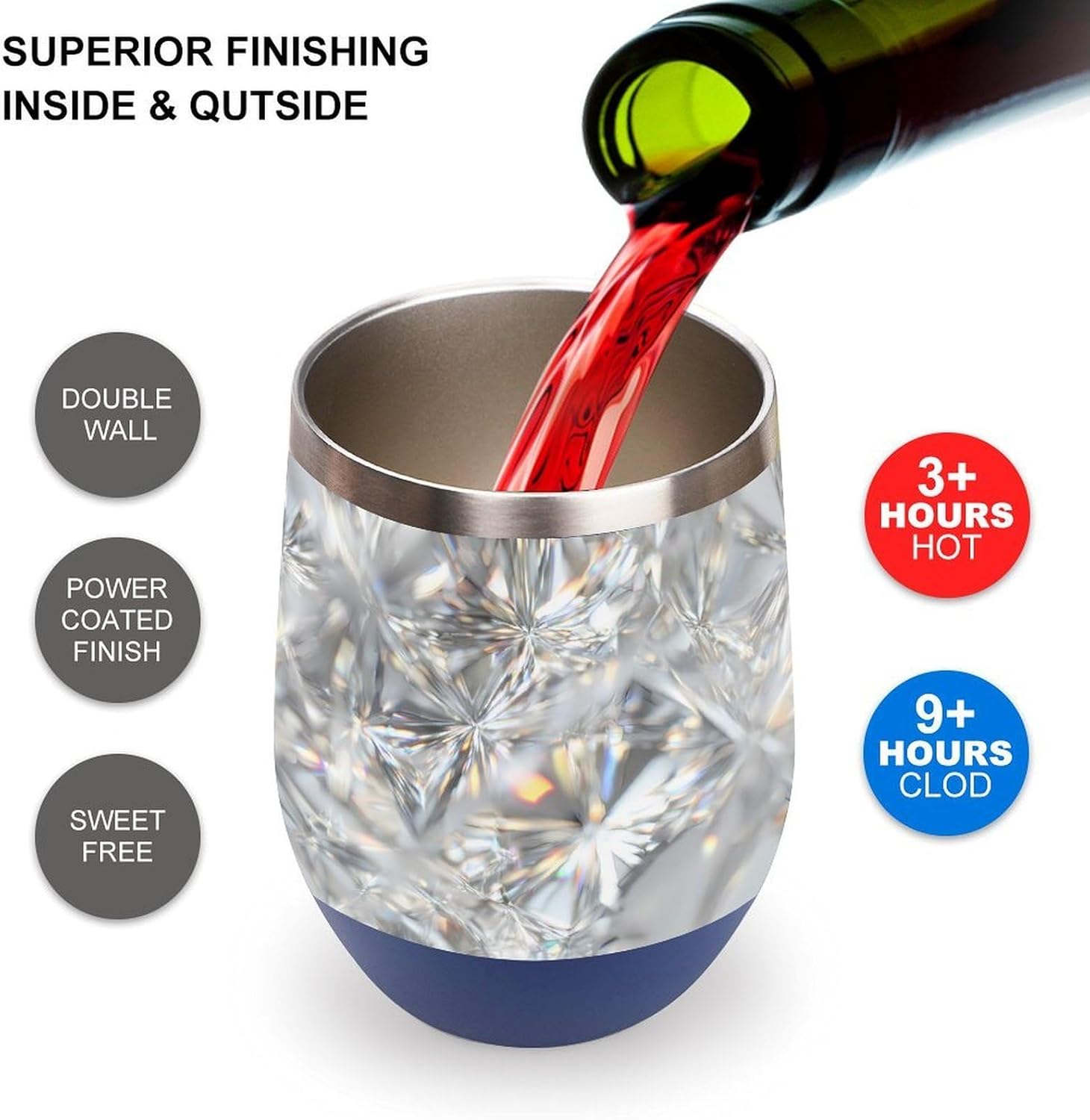 White Diamond Insulated Drinking Cup Stainless Steel Coffee Mug Wine Tumbler with Lid 12OZ