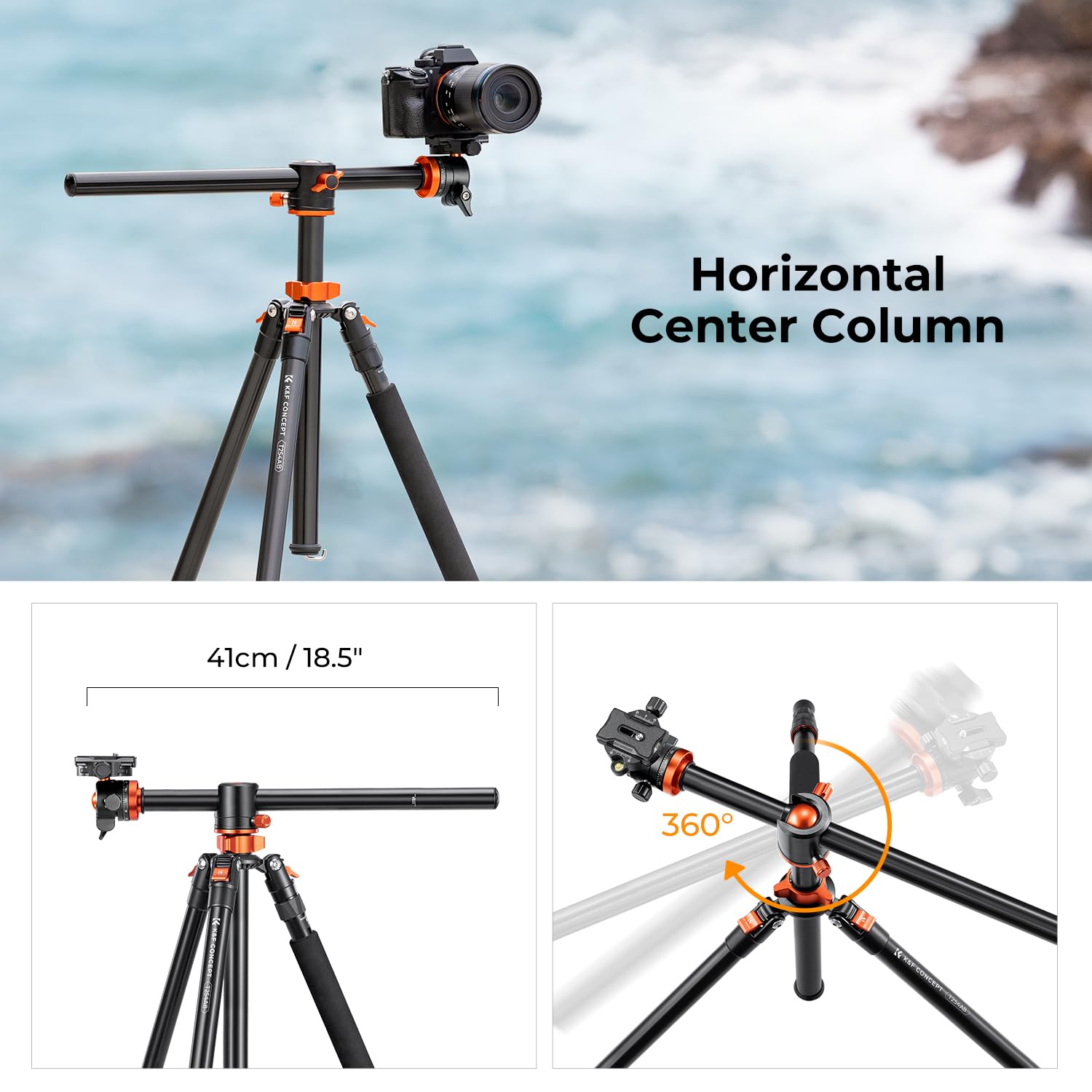 K&F Concept 238CM Stativ, T254A8(SA254T1) Kamerastativ mit verlängerten 90° Mittelsäulen, 360° Panorama Fotostativ mit Tragtasche, Tripod mit Schnellwechselpatte für Digitalkamera