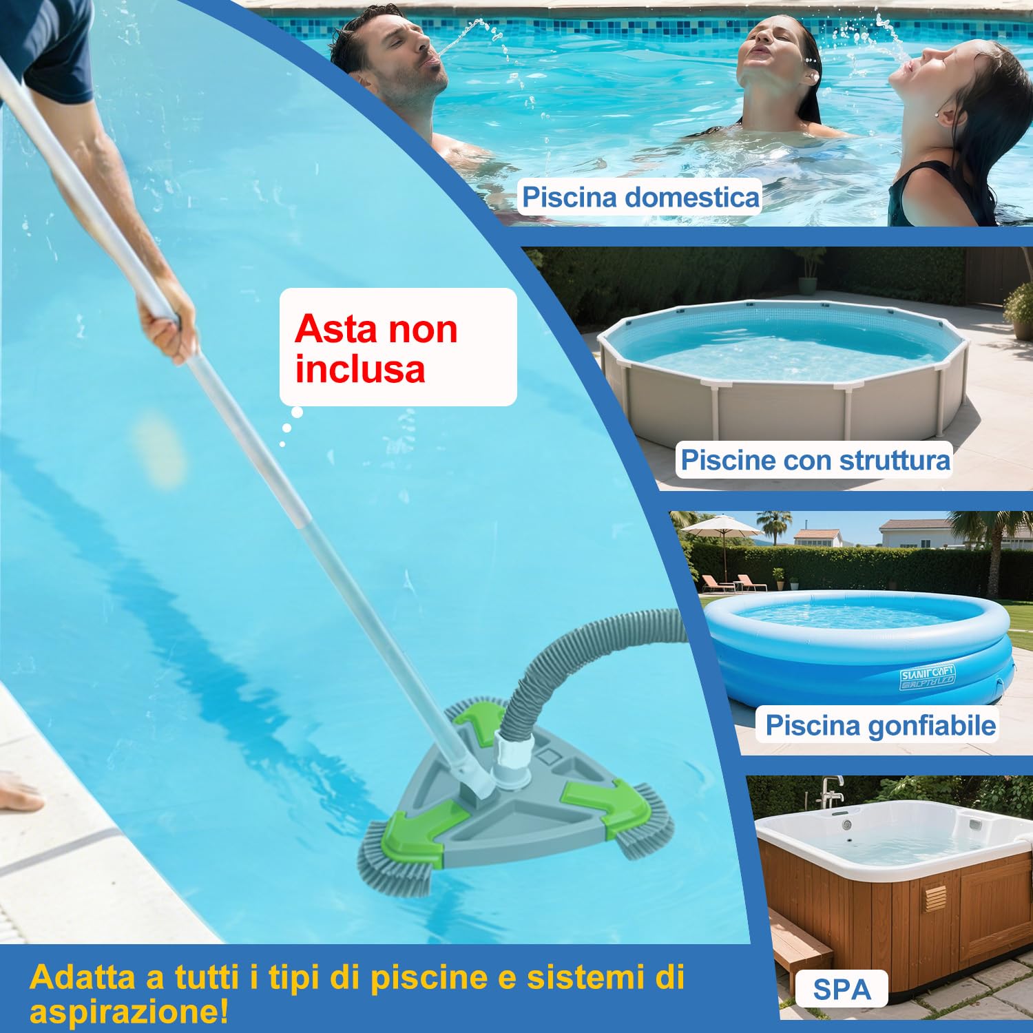 Spazzola Piscina con Attacco Aspirazione 35cm Triangolare, Spazzola Aspirafango Piscina con Spazzole Laterali, Testa Aspiratore Piscina per Tubo 32/38mm, Pulitore Piscina per Piscine Fuori Terra