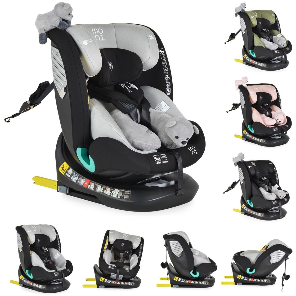Moni, siège enfant i-Size Serengeti (40-150cm) Isofix, coussin pour la nuque, coloris:Gris