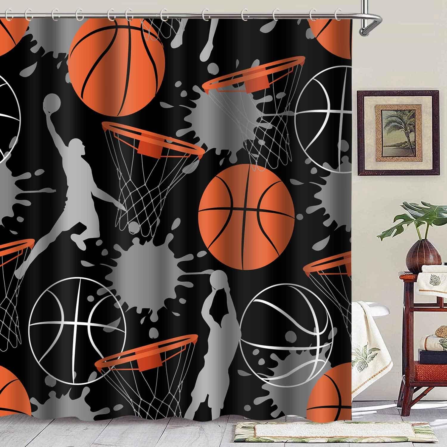Basketball Sports Shower Curtains Basketball Theme Playing Game Oil Splash Painted Doodle Cool Art Teen Boys Room Decor for Bathroom Standard Size 72 X 72 Inch