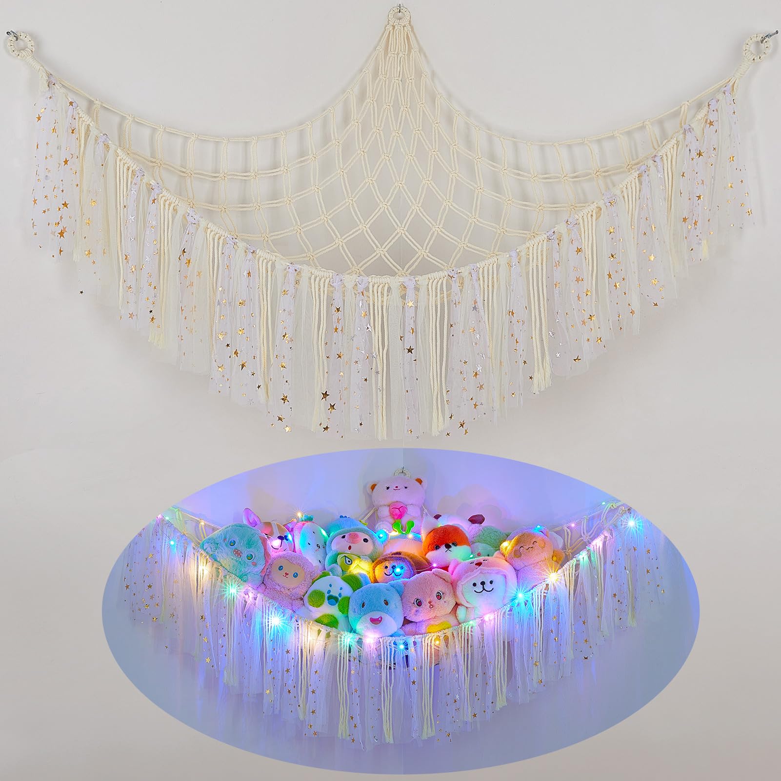 Stuffed Animals Hammock With LED Lights – Hanging Toy Net For Kids Room, Remote Control