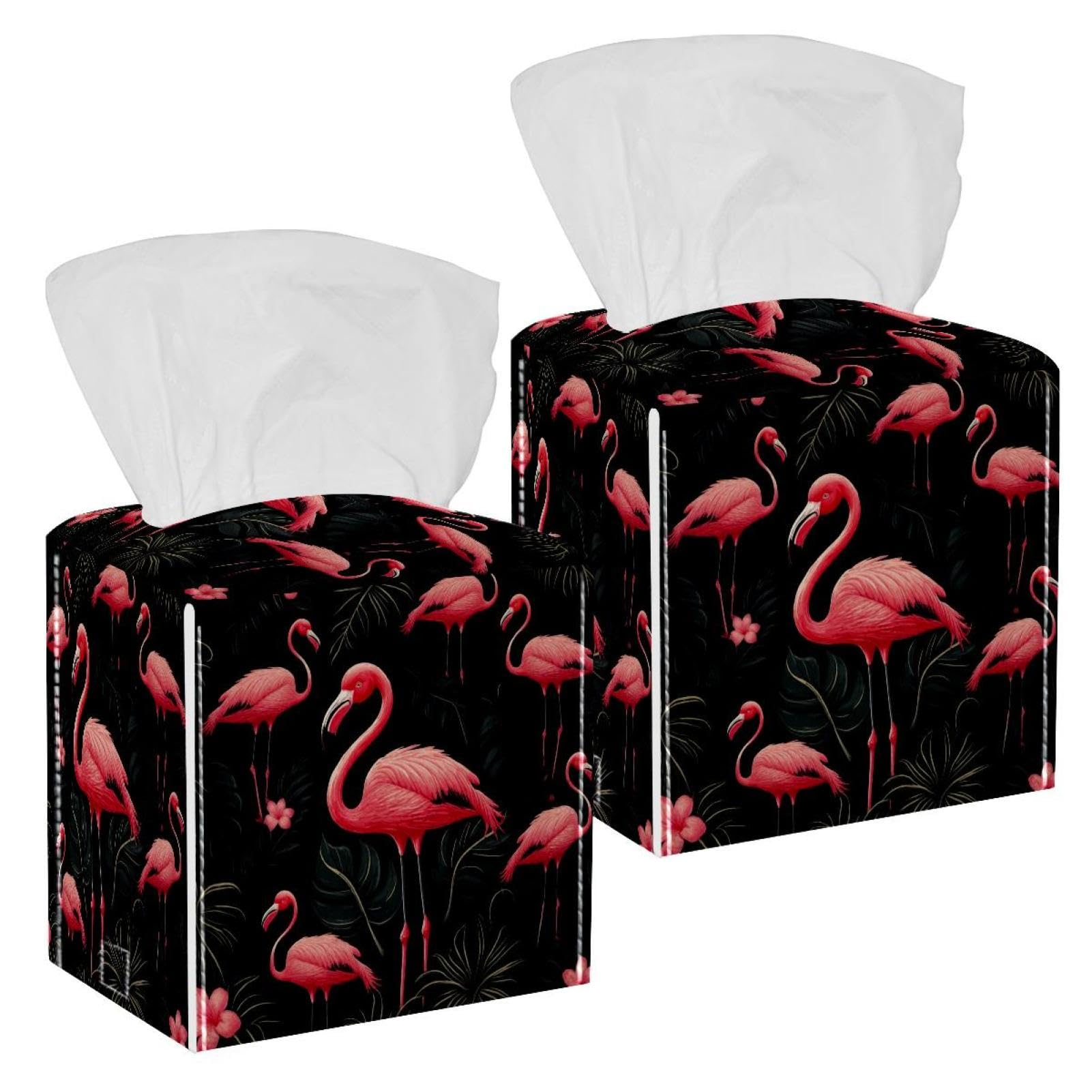 Flamingo Tissue Box Cover, 2 Pack PU Leather Square Facial Tissue Dispenser Box holder for Home Office Car