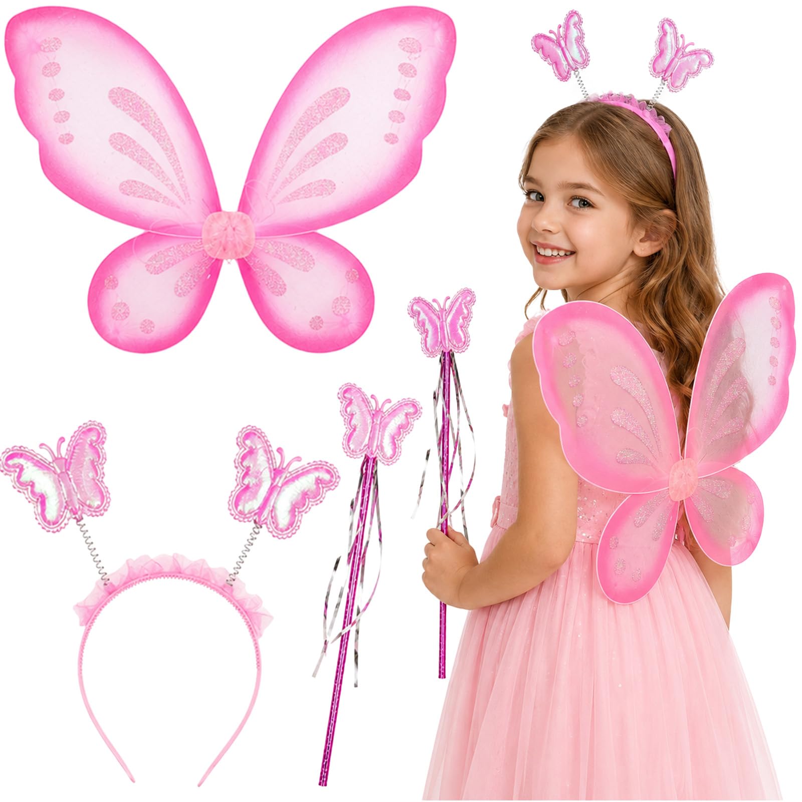 Fairy Wings Butterfly Costume Set with Headband Wand for Halloween Party