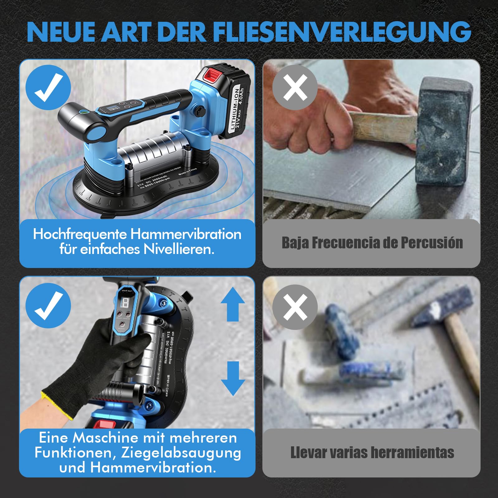 Akku Saugheber FliesenrüTtler, 2 In 1 Glassauger Akku Fliesen VibrationsgeräT Mit 25x15cm Saugnapf 200kg Saugkraft, 9 Gang Digital Elektrischer Plattenheber Vakuumheber FüR Fliesen, Glas, Marmor