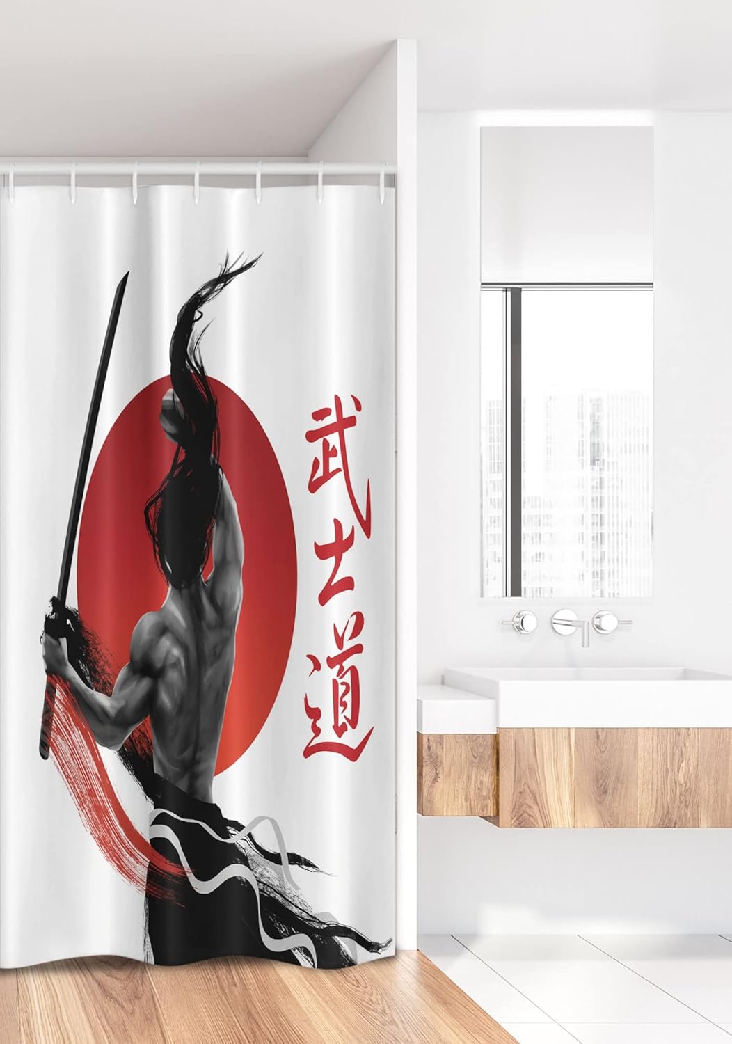 Ambesonne Japanese Stall Shower Curtain, Samurai at Practice Muscles Japan Oriental Sun Discipline Image, Fabric Bathroom Decor Set with Hooks, 36" W x 72" L, Black and White