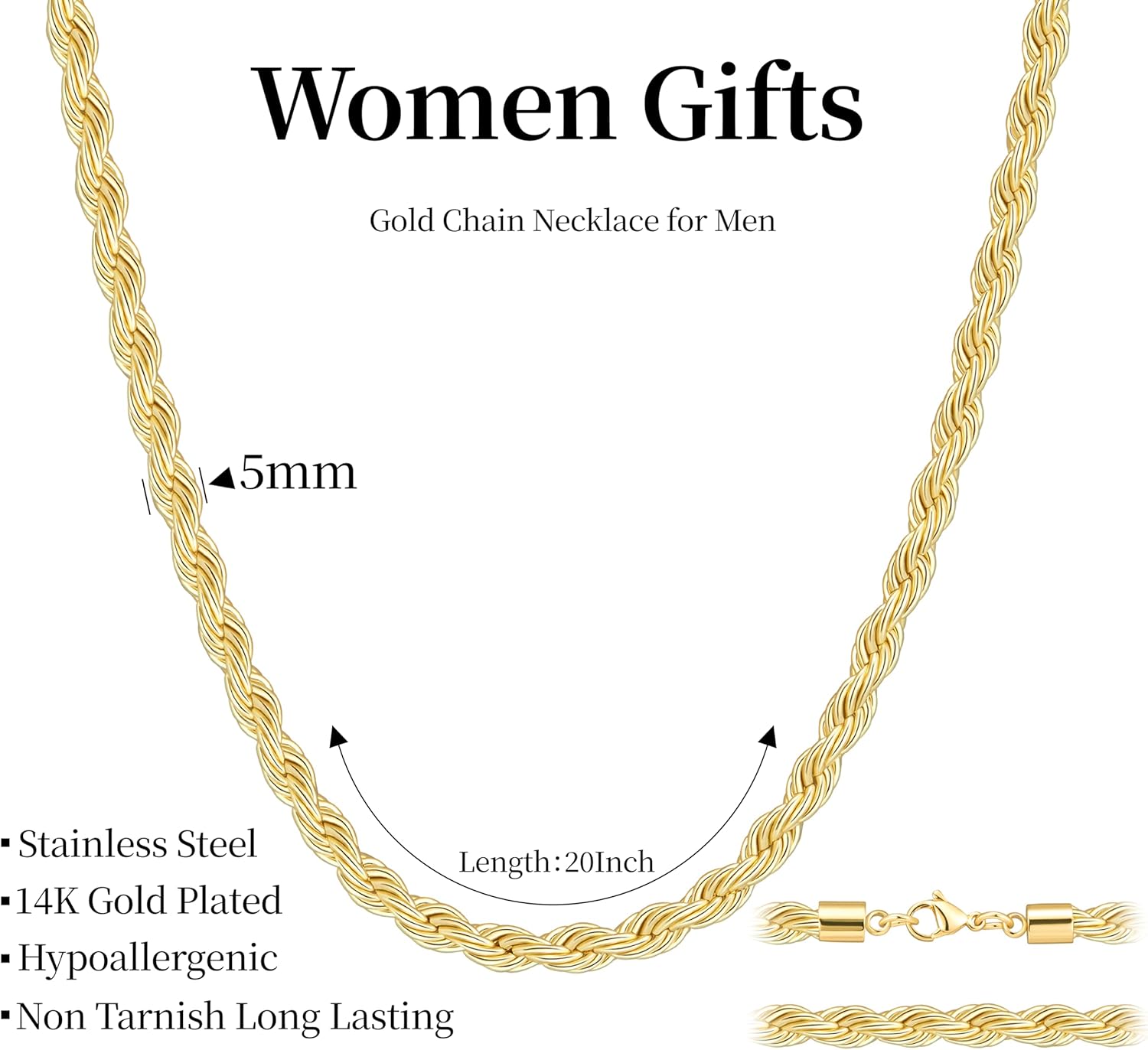 Rope Chain Necklace for Men Women, 316L Stainless Steel Twist Link Chain for Men, Gold Silver Black Tone, Hypoallergenic Waterproof Jewelry Gift for Him Her 3mm 4mm 5mm, 16/18/20/22/24/26 Inch - Image 4