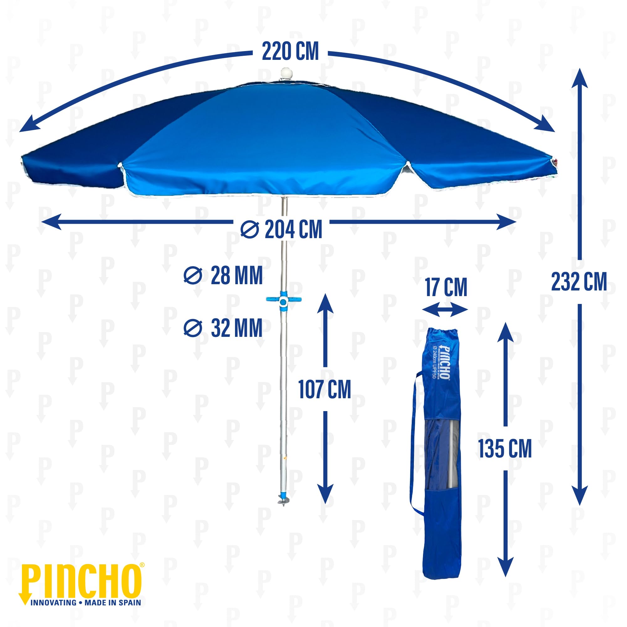 Pincho Ombrellone da spiaggia grande Ø220 cm, antivento fino a 35 km/h, protezione UV 50, materiali di qualità, tubo in alluminio, 8 aste in fibra, bastone reclinabile, con borsa per il trasporto