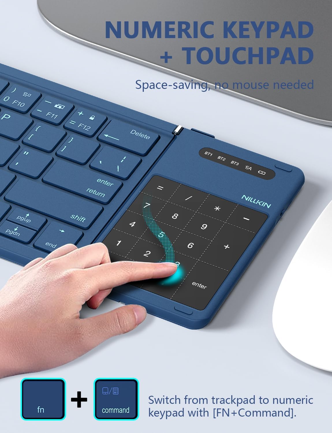 Nillkin Foldable Keyboard with Touchpad, Bluetooth Keyboard with Number Pad, Full Size Keys, Large Trackpad Small Travel Portable Keyboards for iPad Laptop PC Tablets - Blue