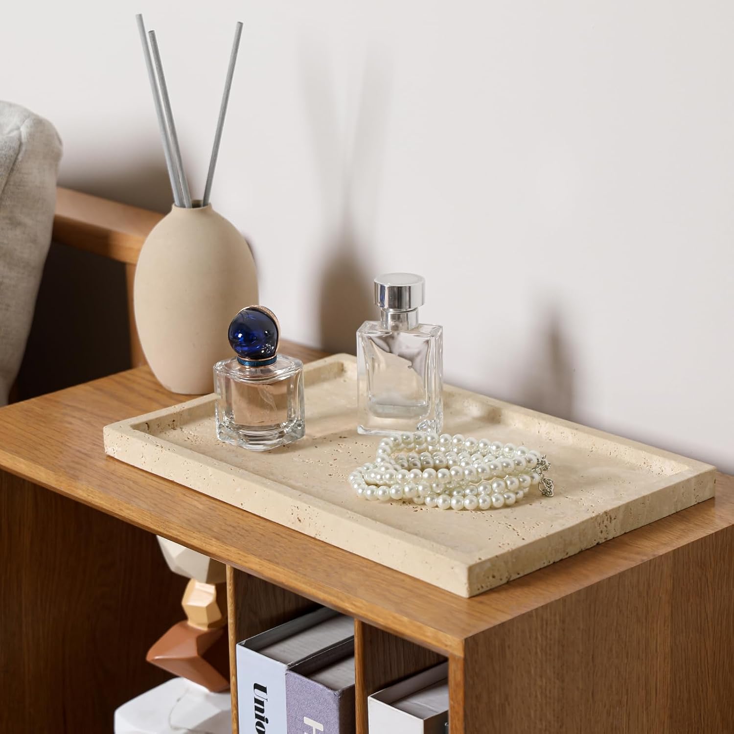 Talian Travertine Tray, 12"X8" Vanity Decorative Marble Tray | Real Stone Tray, Unique Veining. Non-Resin, Non-Ceramic. Holds Perfume, Makeup, Keys, Candles, Jewelry, Soap Dish Tray