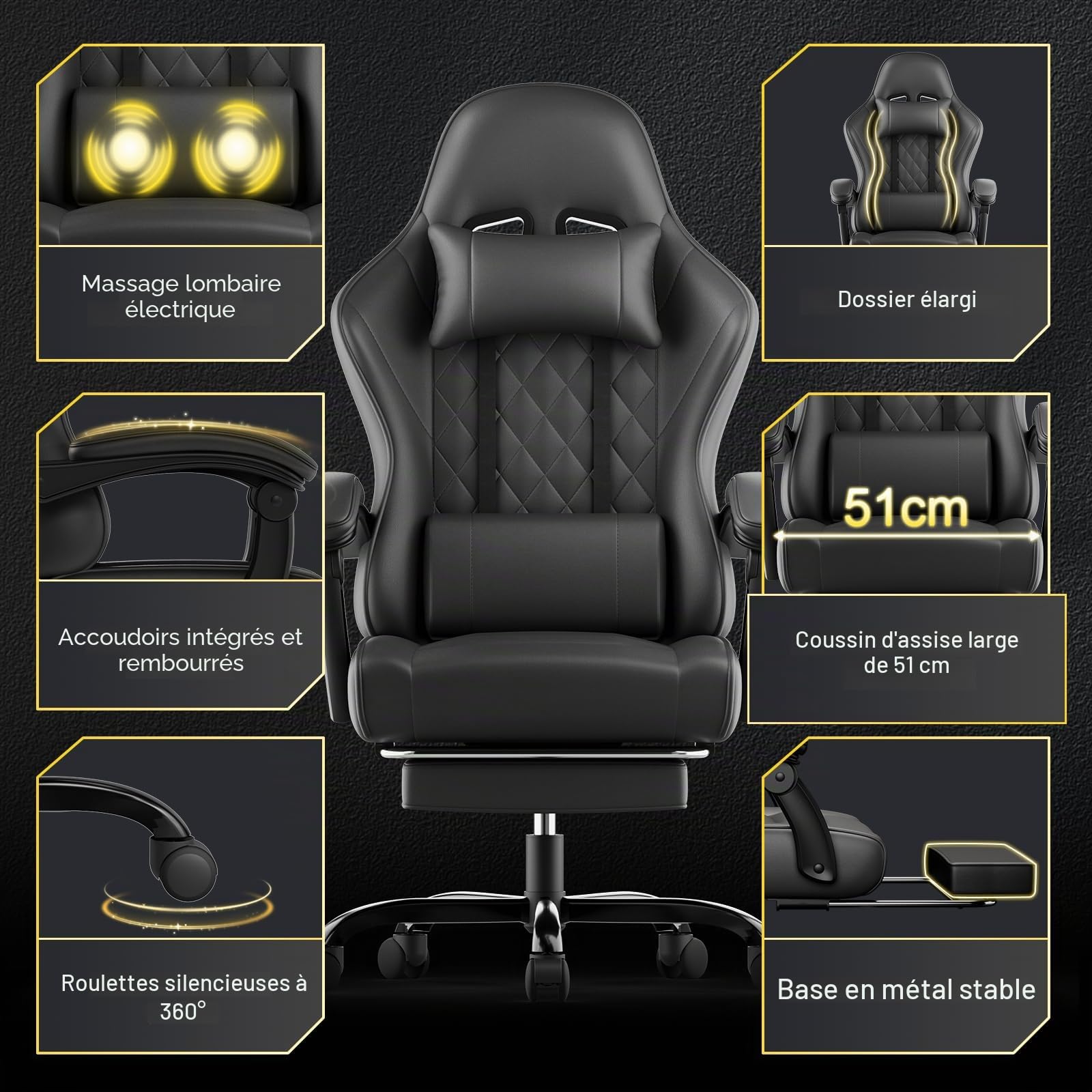 JUMMICO Chaise Gaming Ergonomique, Chaise de Bureau avec Fonction Massage, Fauteuil Gaming avec Repose-Pieds, 150 kg, Noir