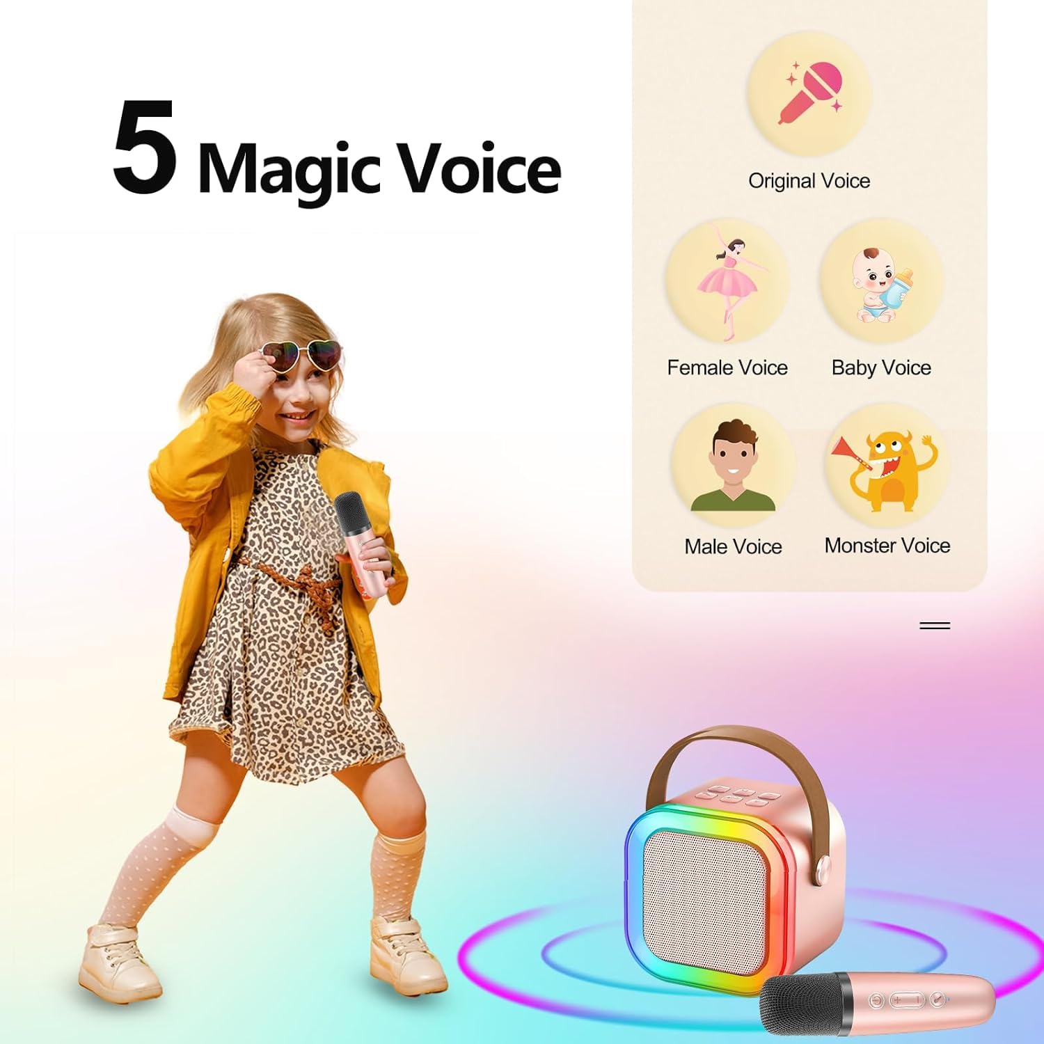 Macchina per karaoke per bambini e adulti, mini microfono portatile per karaoke con 2 microfoni wireless e luce, giocattoli per tutti gli smartphone, compleanno, famiglia