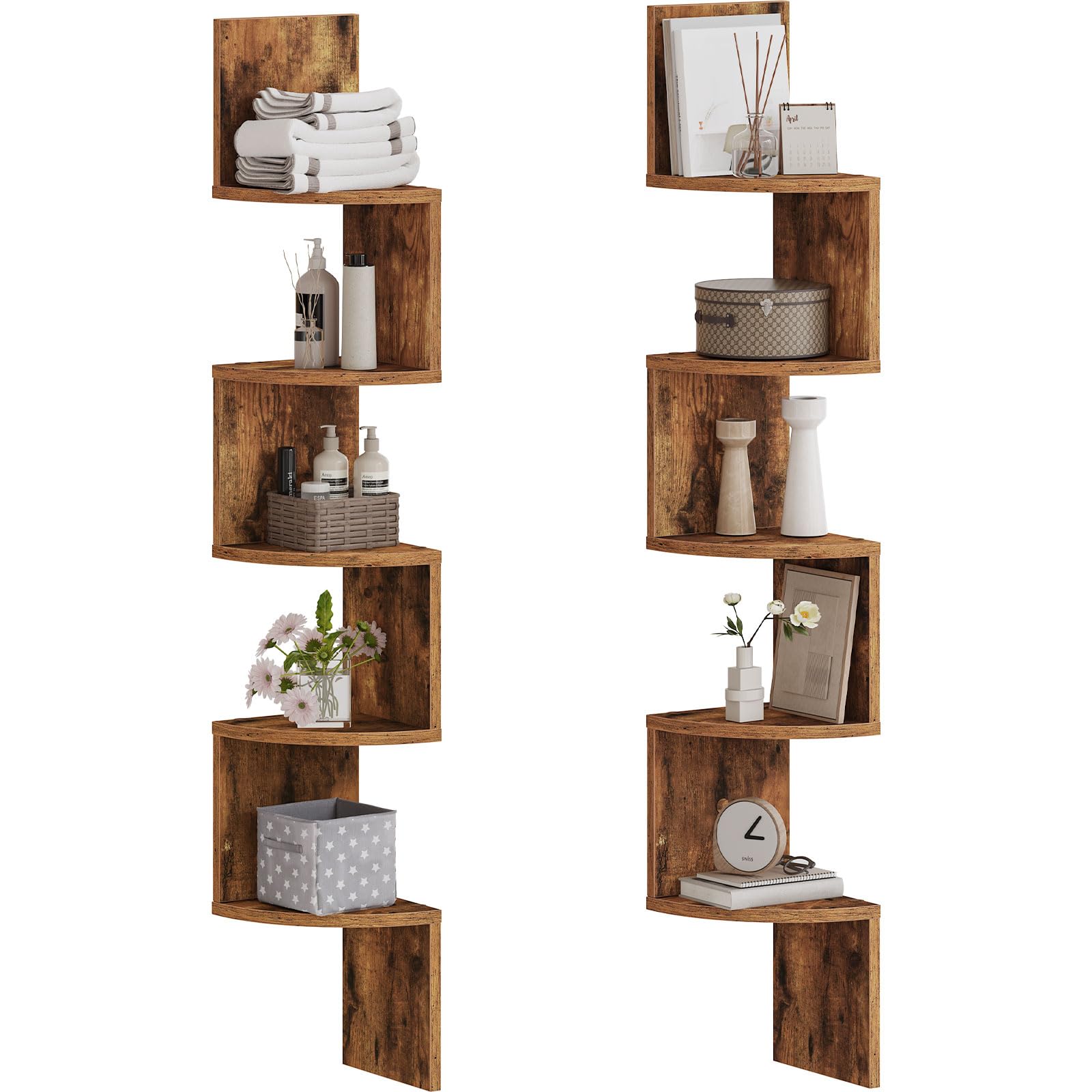 HOOBRO Corner Shelf Wall-Mounted, Set of 2 Floating Corner Shelves for Wall, 5-Tier Corner Bookshelves for Living Room, Bedroom, Bathroom, Home Office, Rustic Brown BF26BJP201