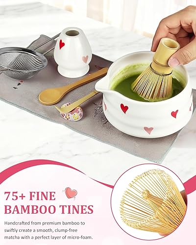 Miniatura 4 de Juego de 8 piezas de cerámica con tazón para batidor, soporte para kit de té matcha, cuchara de bambú, tamiz, toalla incluida, regalo de cumpleaños