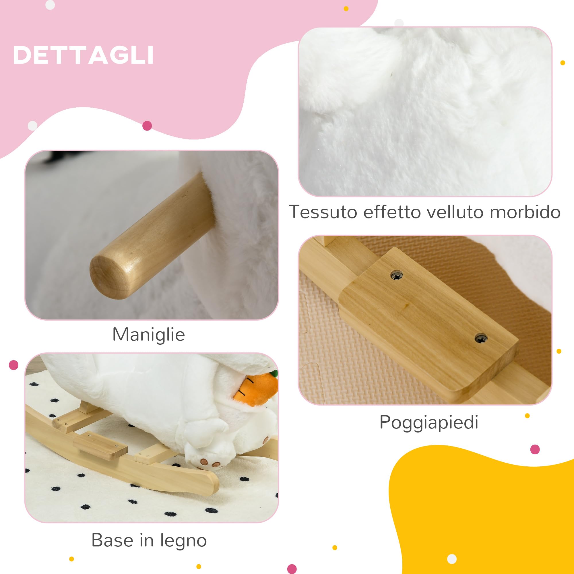 HOMCOM Cavallo a Dondolo per Bambini da 18-36 Mesi, Cavalluccio a Dondolo per Bambini Cavalcabile con Suoni Realistici, 60x33x50 cm, Bianco