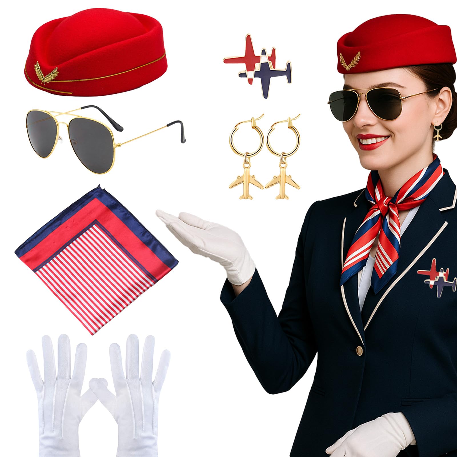 SSKHE 4PCS Professional Flight Attendant Costume for Women Stewardess Themed Carnival Costume with Hat Scarf Gloves Brooch