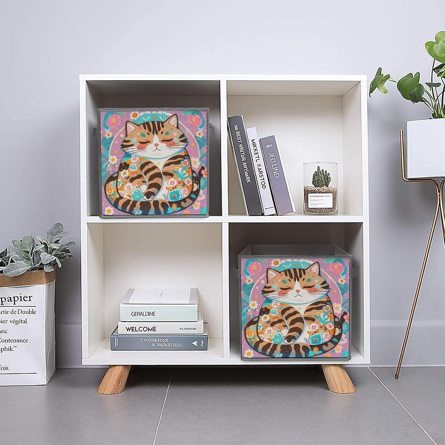 Sleeping Cat Foldable Storage Box with Handles, Durable Oxford Storage Cubes, 2PCS Collapsible Closet Organizer for Home, Shelf, Office, Travel