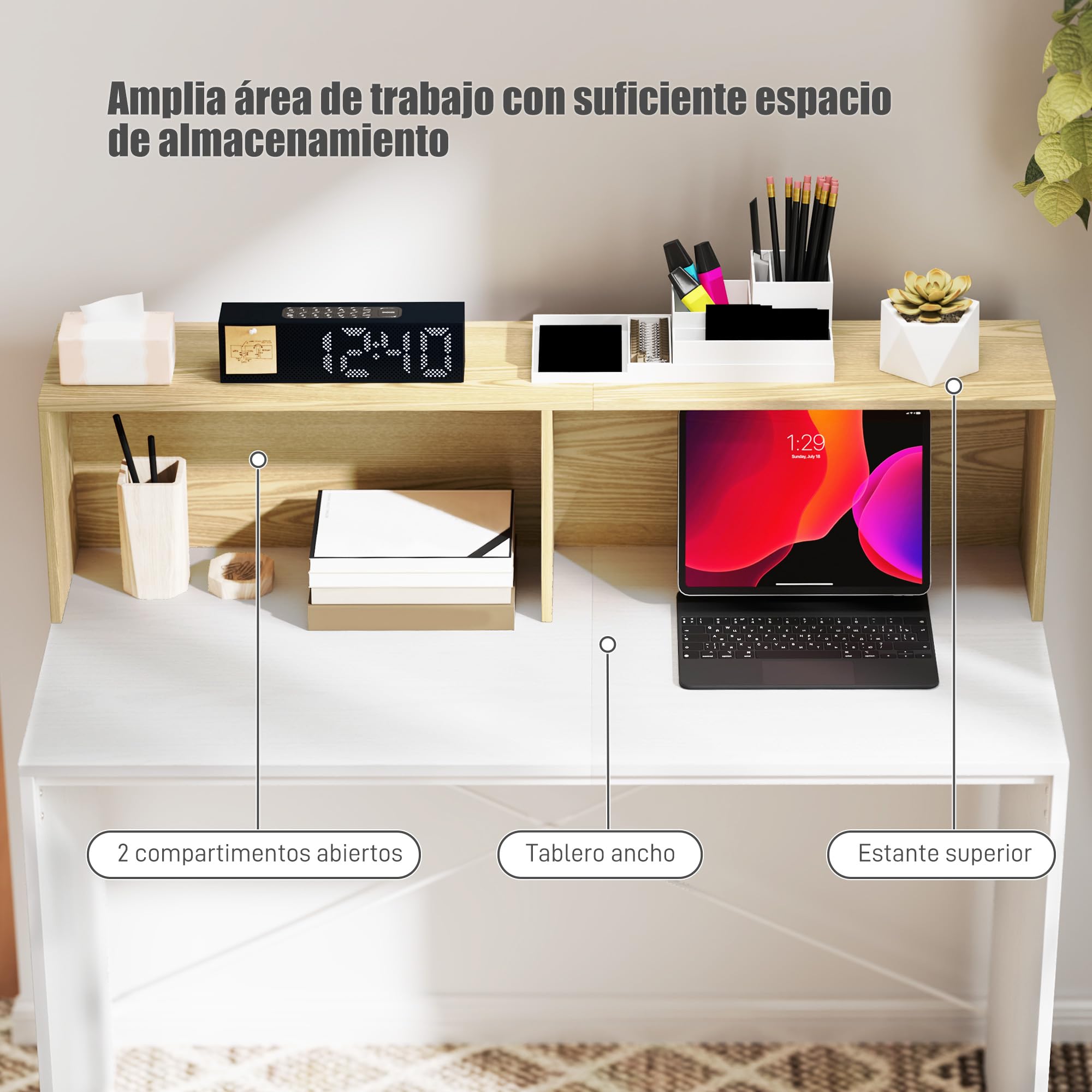 HOMCOM Escritorio con Estante, 110x50x102,6 cm Blanco y Madera Natural