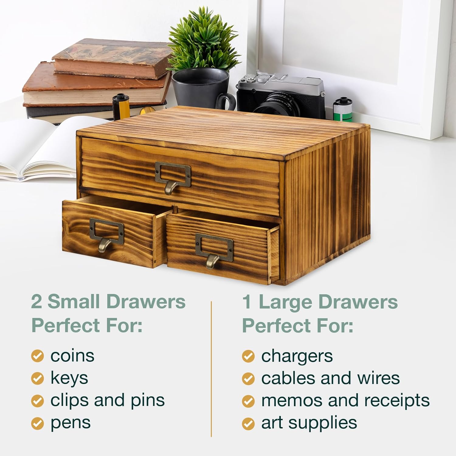 3-Drawer Charred Ebony Wood Desktop Cabinet - Classic Brown Desktop Chest Drawer Unit - Vintage Solid Wood Storage Drawers for Table - Office Study Table Organizer Cabinet - Card Catalog Drawers…