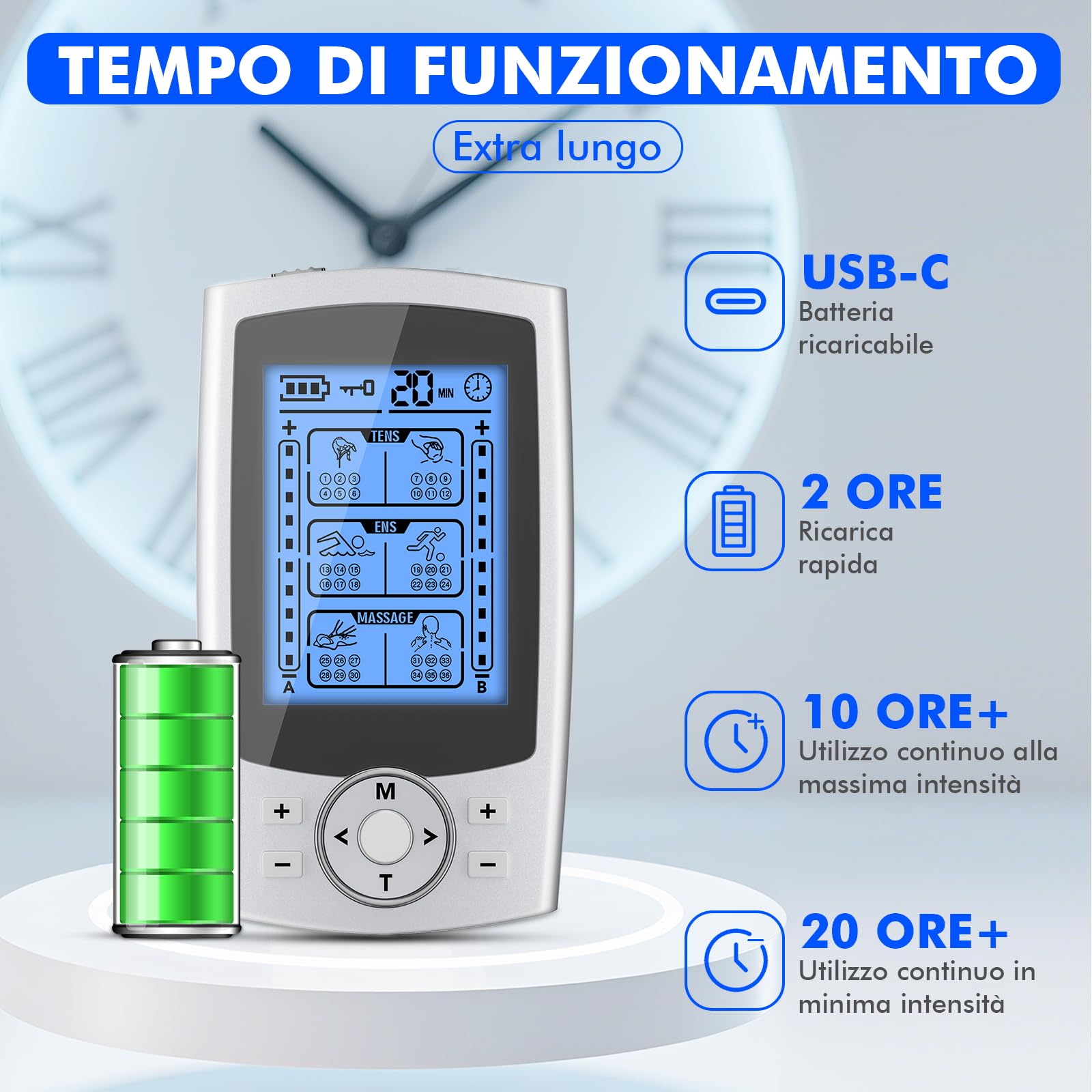 TENS EMS Elettrostimolatore Muscolare, 3 in 1 per Alleviare Il Dolore e Costruire Muscoli, Funzione Massaggio, con 2 Canali e 36 modalità, 20 Livelli di Intensità, 10 Pezzi di Elettrodi TENS