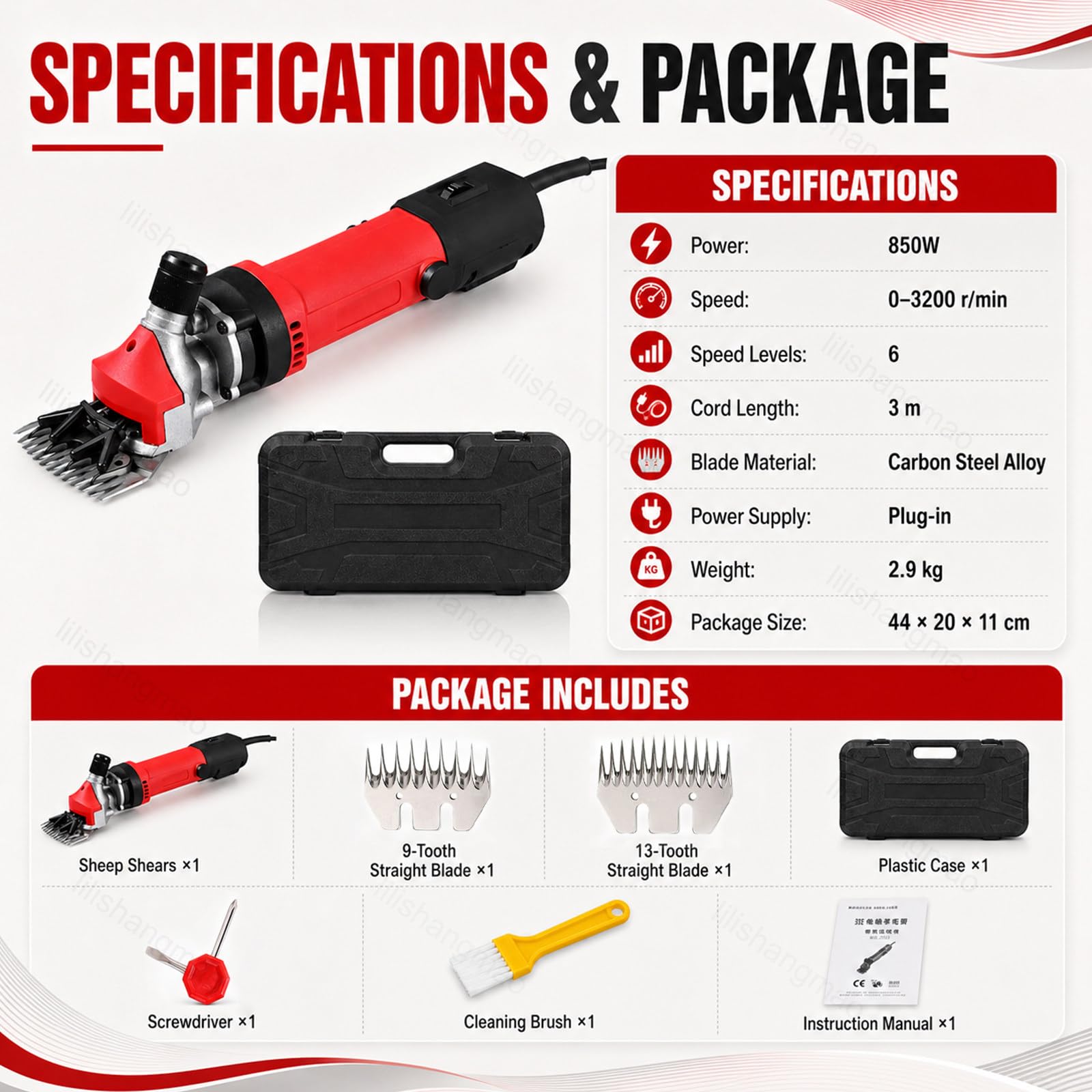 Esquiladora Eléctrica Profesional para Ganado,3200 RPM,Esquiladora De Ovejas para Granja Y Rancho,6 Velocidades Ajustables + 2 Cuchillas De Acero Al Carbono,Esquiladora con Cable Red