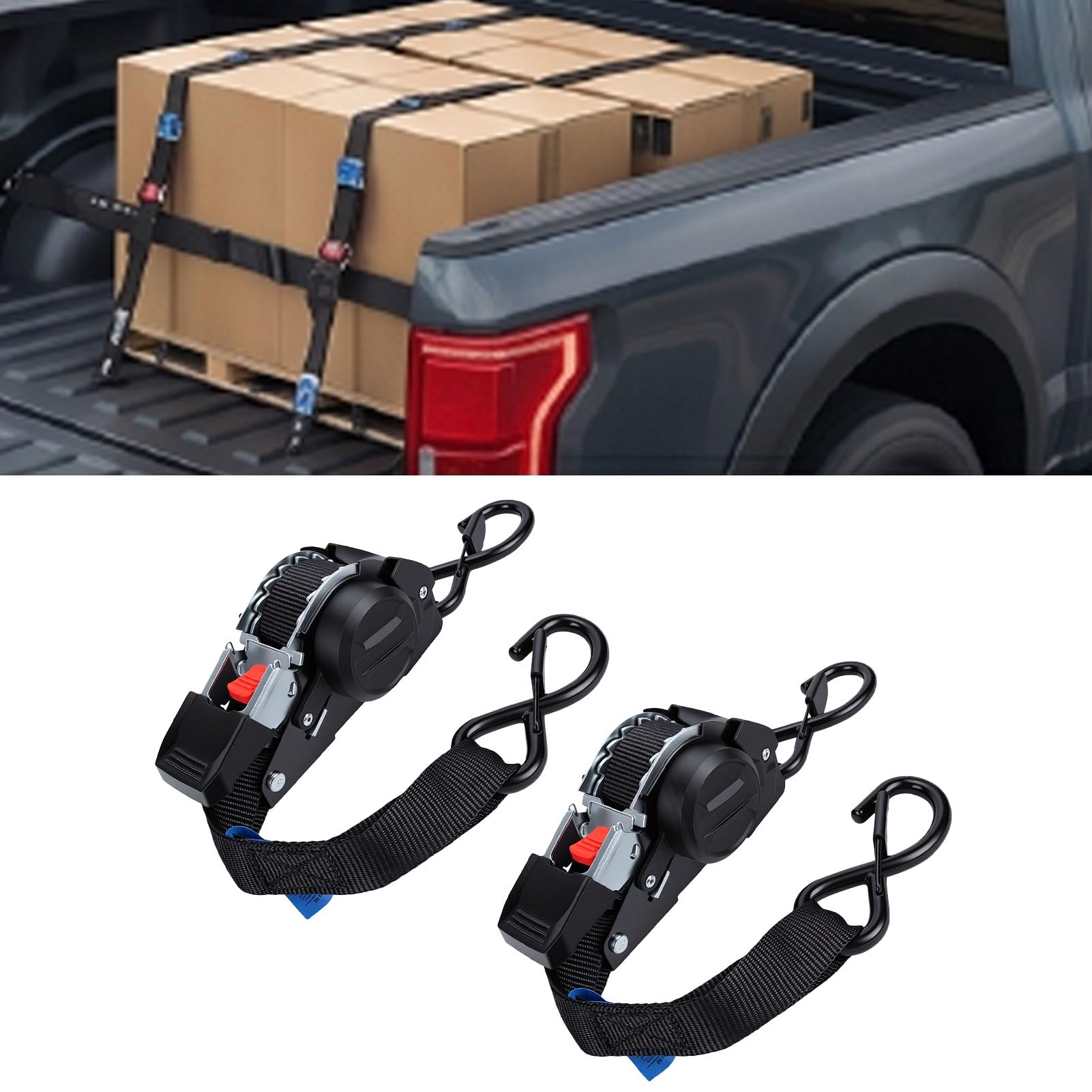 Fabater 2 Stück Einziehbare Ratschengurte, 2,5 cm X 3 Meters, 1800 Lbs, Selbsteinziehender Kabelbinder mit Gepolsterten Griffen, Automatisch Einziehbarer Ratschengurt für LKW-Anhänger,