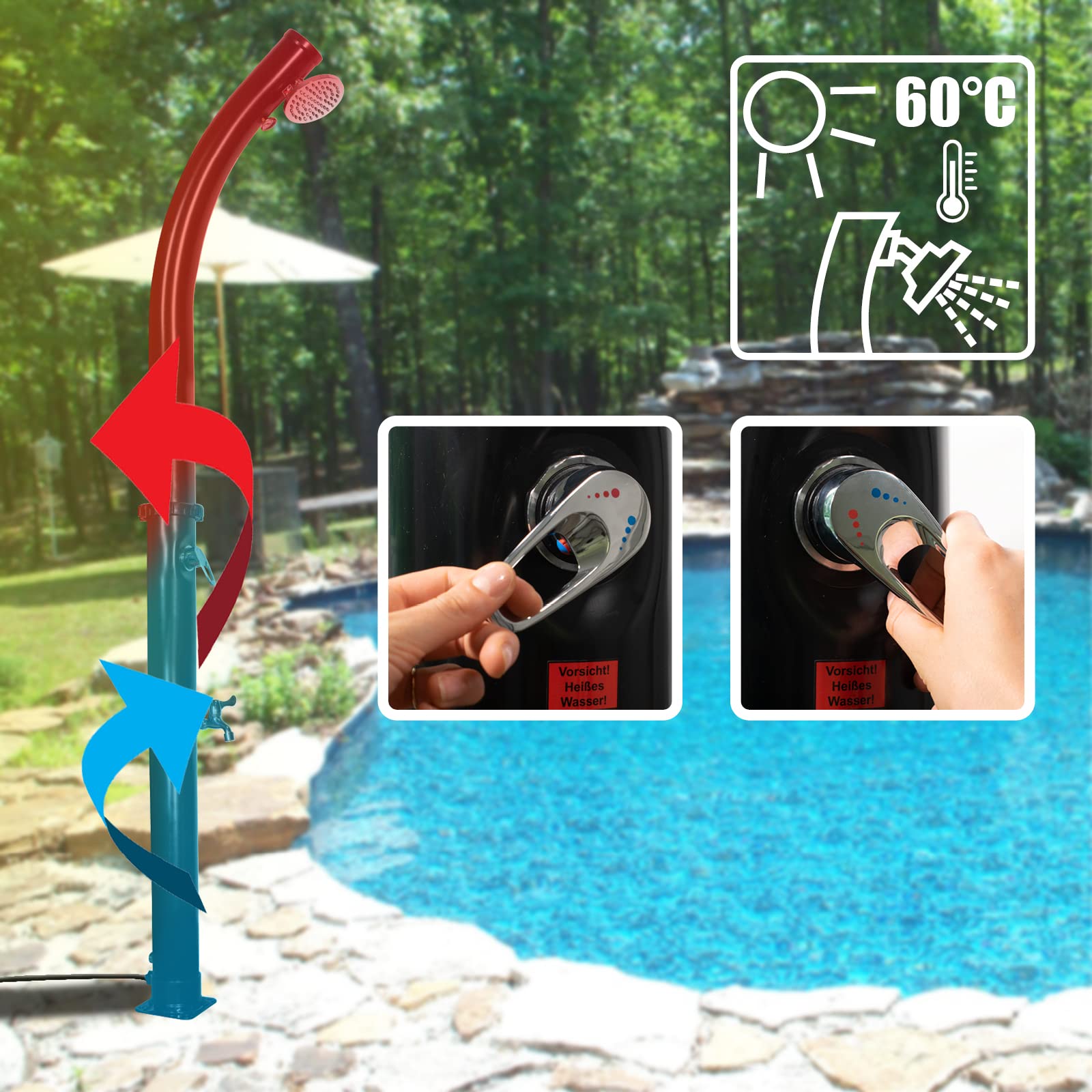 Mauk® Solardusche Camping Gartendusche | Pooldusche mit Wasserhahn & Thermometer | 18 Liter Schwarz
