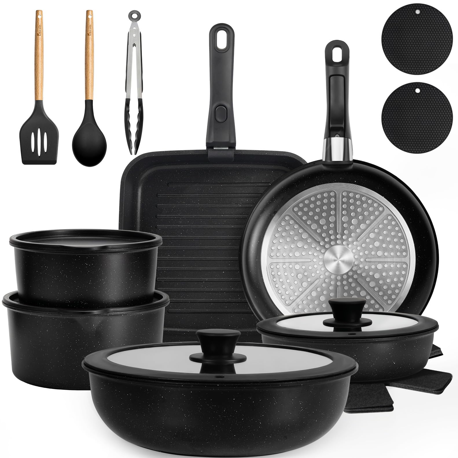 KIKCOIN Nonstick Cookware Set - 20 Piece Stackable -10 KIKCOIN Nonstick Cookware Set - 20 Piece Stackable -10