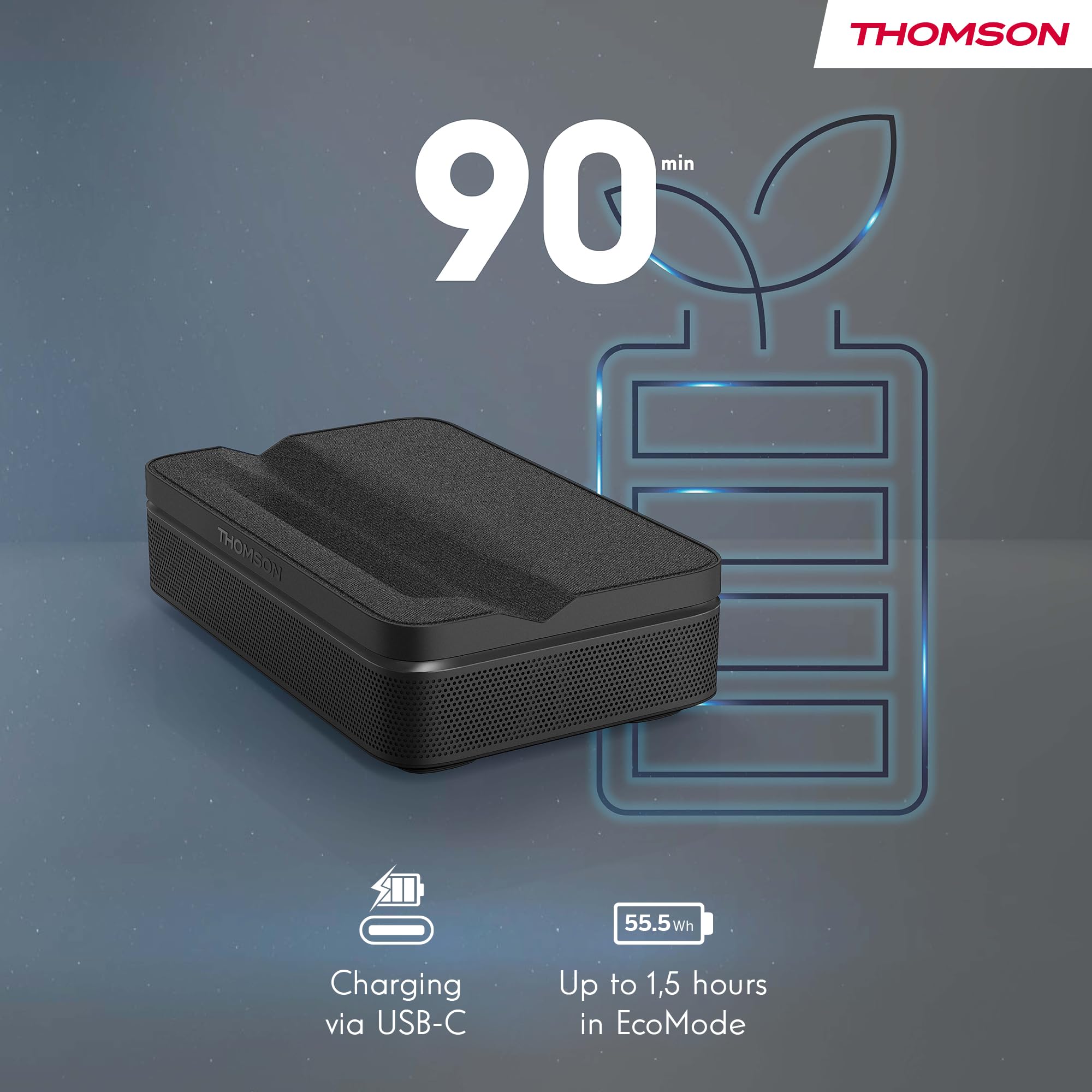 Thomson Sirius PG55B Proiettore Laser RGB Smart, Ottica Ultra-Corta, Full HD 1080p, Google TV, 600 ANSI, Auto Focus, HDR10+, Dolby Digital+, Batteria, WiFi, Bluetooth