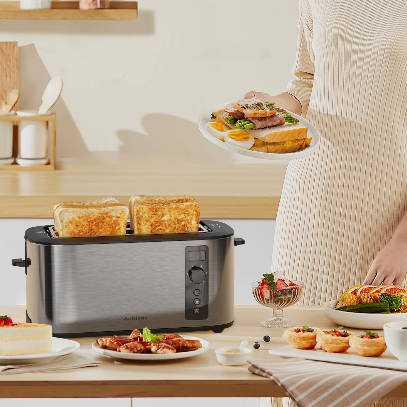 Tostadora de 4 rebanadas de ranura extra ancha de 1.5 pulgadas con temporizador de cuenta regresiva, 6 ajustes de tostado, estante de calentamiento integrado, funciones de 8