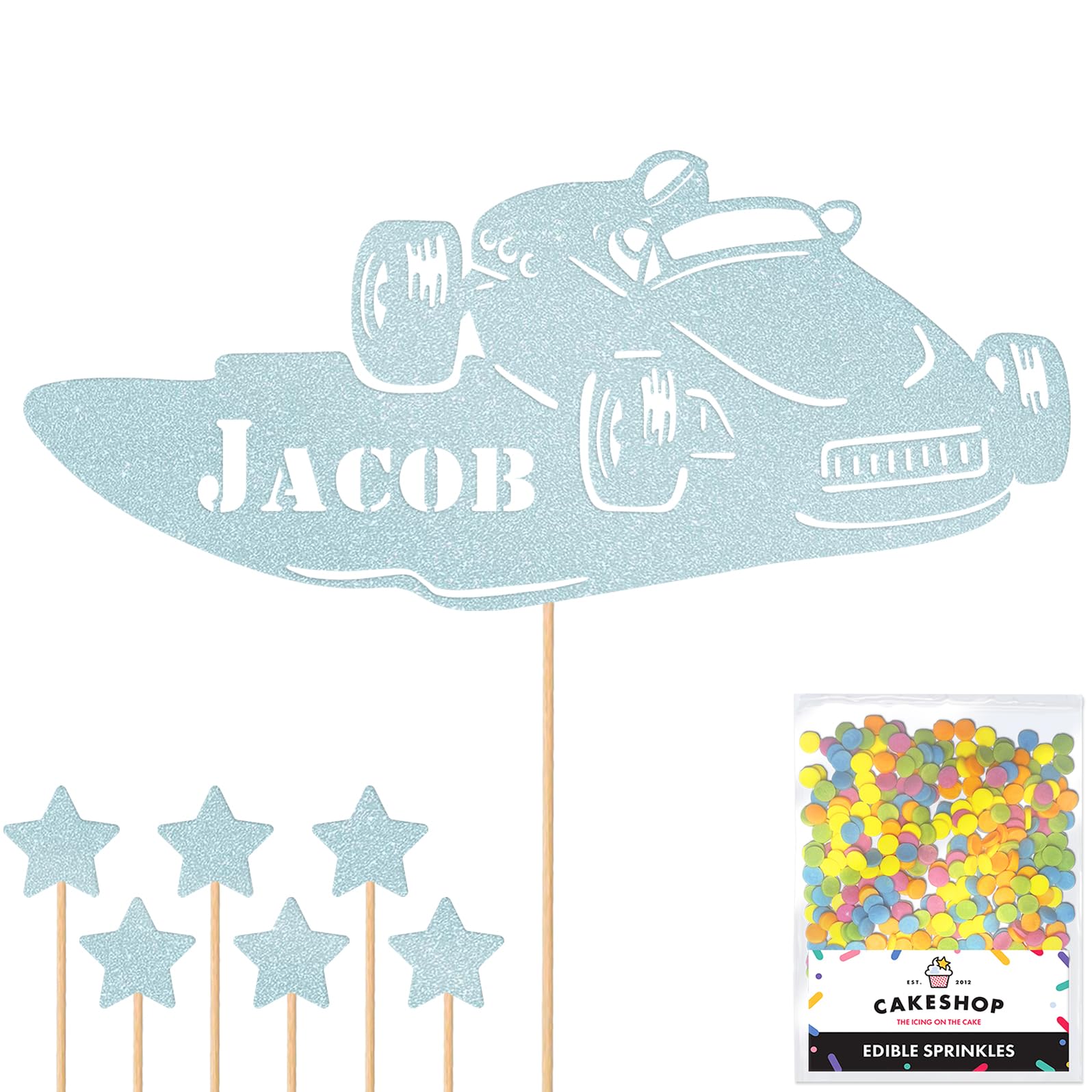 Personalised Classic Vintage Car Glitter Topper - Light Blue Custom Name Glitter Cake Decoration and Sprinkles - Happy Birthday Decorations - Personalised Toppers for Cakes by Cakeshop