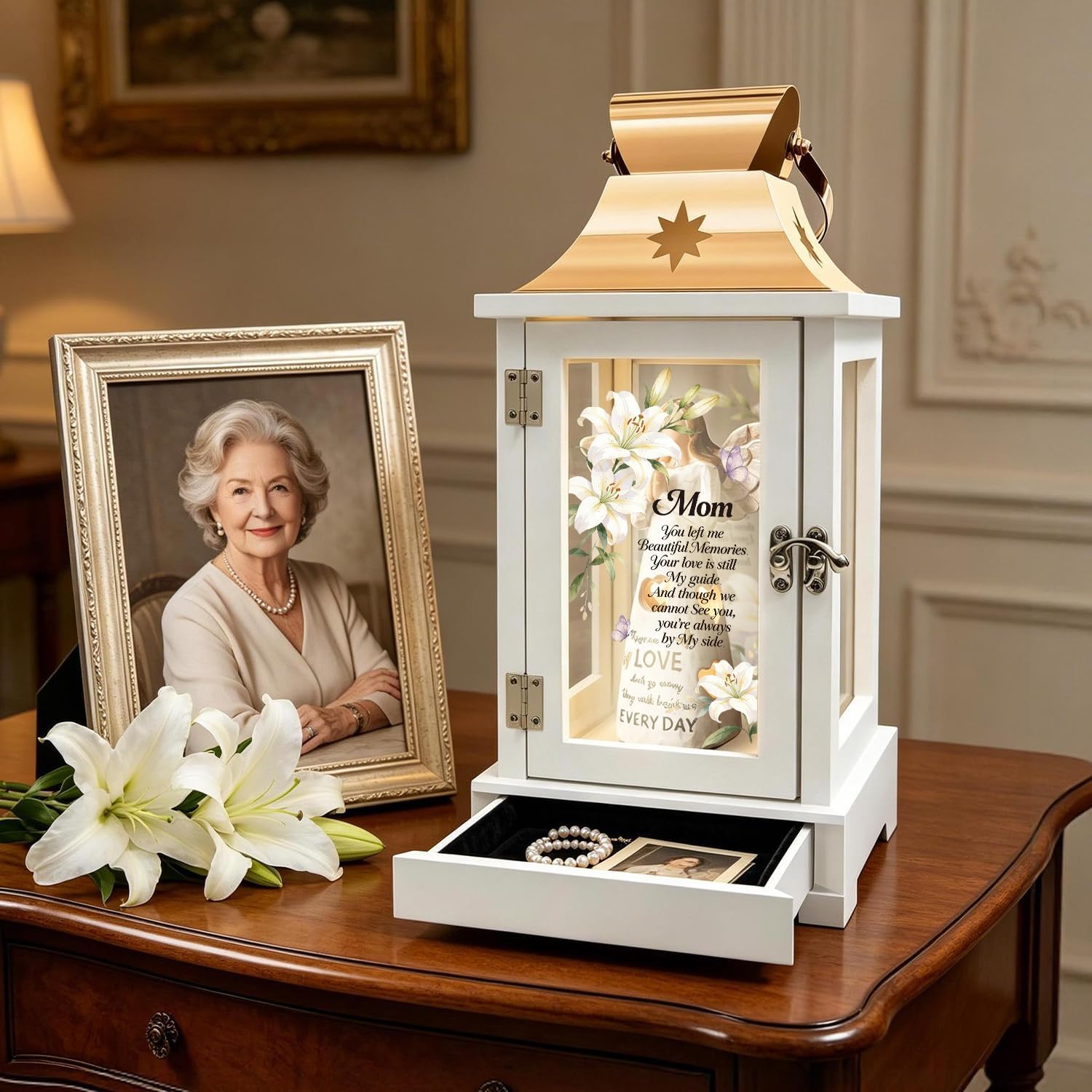 Memorial Lantern with Keepsake Drawer & Angel Figurine | Memorial Gifts for Loss of Mom, Mother | Bereavement Gifts, Sympathy Gifts