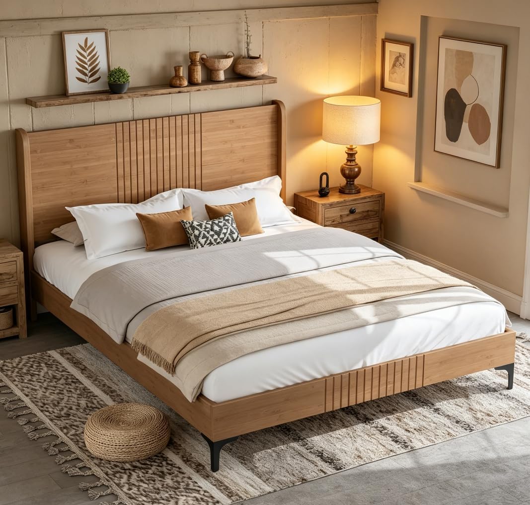 Bellemave Queen Size Bamboo Platform Bed, Mid-Century Modern Bed Frame with 37.4 Tall Headboard, Solid Bamboo Bedframe Queen Size, Wood Slat Support, Natural