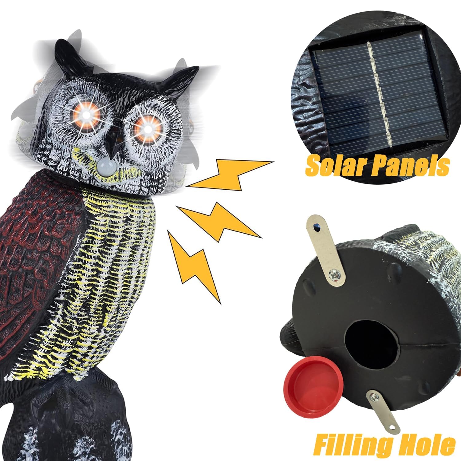 Buho Ahuyentador Solar, Búho Espantapajaros con Sonido y Movimiento, Buho Espanta Palomas Giratorio Señuelo, Figura Decoracion para Terraza Exterior Jardín Balcón