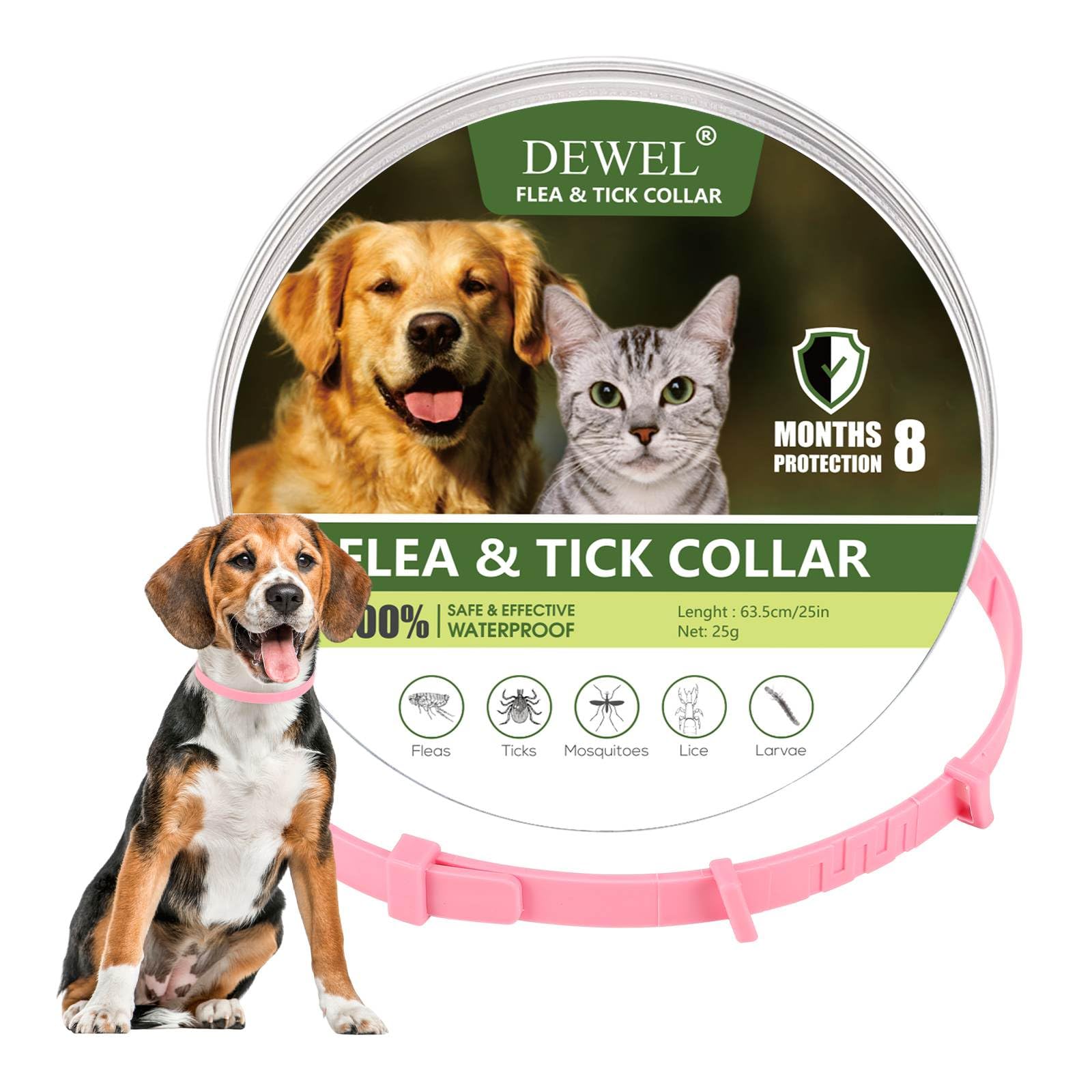 DEWEL Collar Antiparasitarios para Perros Grandes Medianos y Pequeño, Collar contra Pulgas y Garrapatas para Mascotas 6-8 Meses, Collar Antipulgas Impermeable y Cortable de 61 cm (Rosa)