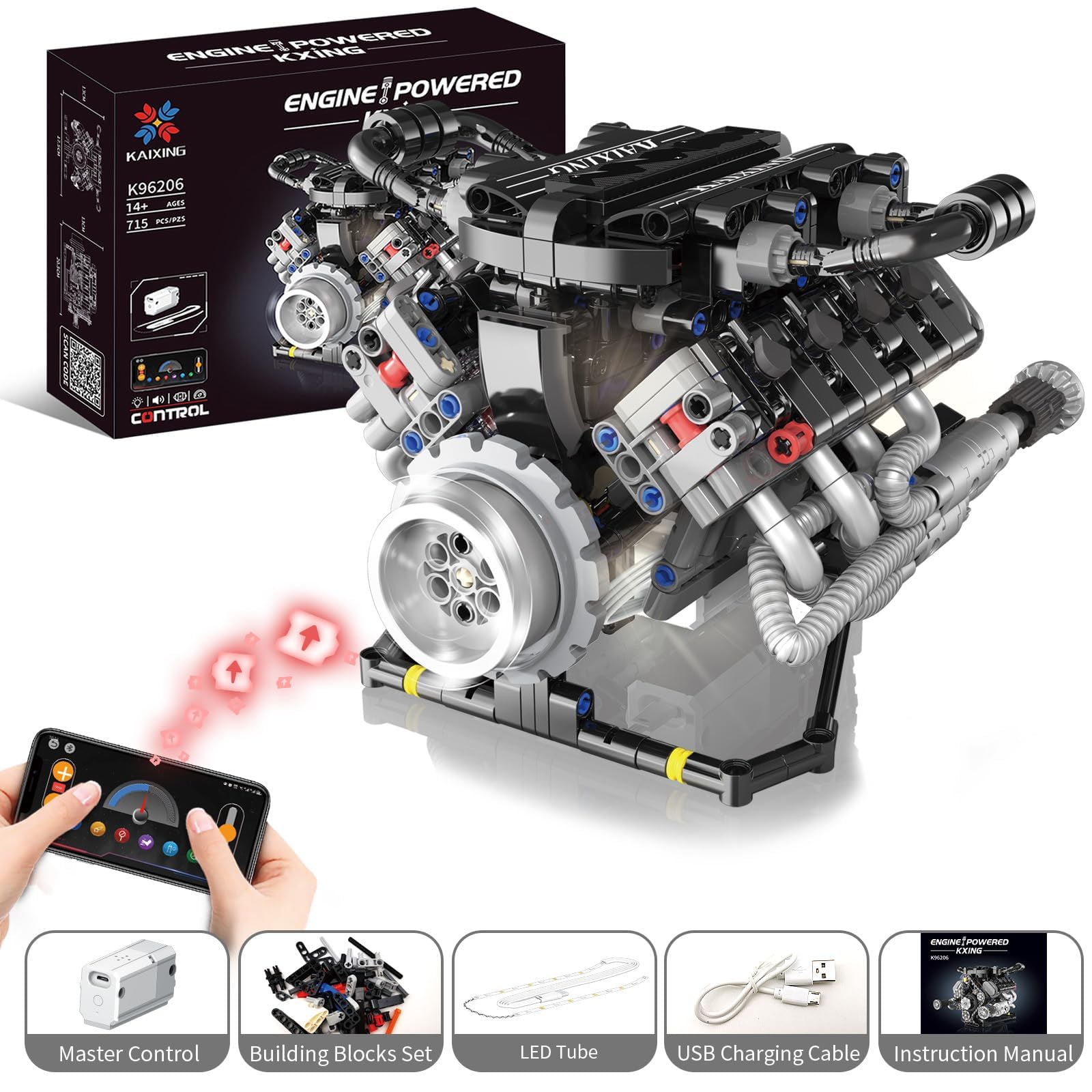 V8 Motor Bausteine Spielzeug, APP-gesteuerter V8 Motor Bausatz Auto Klemmbausteine Technik Modell, Enthält Acht-Zylinder und Batteriekasten, als Spielzeug/Geschenk/Sammlerstücke für Auto LKW Fans (D)