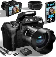 Câmeras digitais 8K para fotografia, câmera profissional com foco automático WiFi de 64 MP com lente dupla, tela sensível ao toque de 4 polegadas, zoom digital de 16x, baterias de 3000 mAh, cartão de
