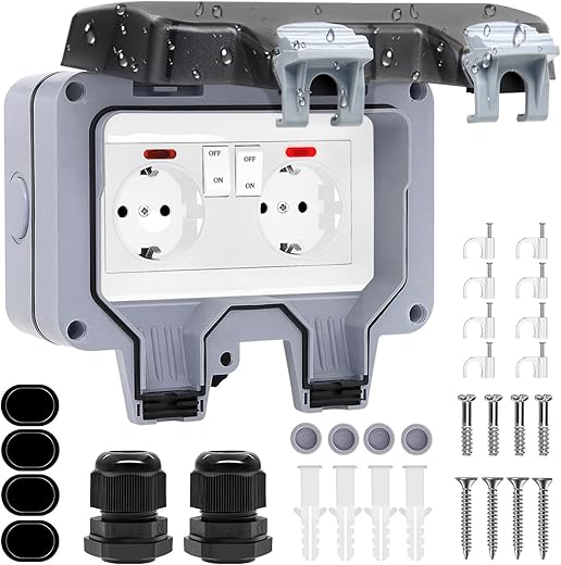 Aussensteckdose Wasserdicht Außensteckdose mit Schalter Kontrollleuchte IP66 Wasserdichte Steckdose Outdoor Feuchtraum Steckdose Aufputz…