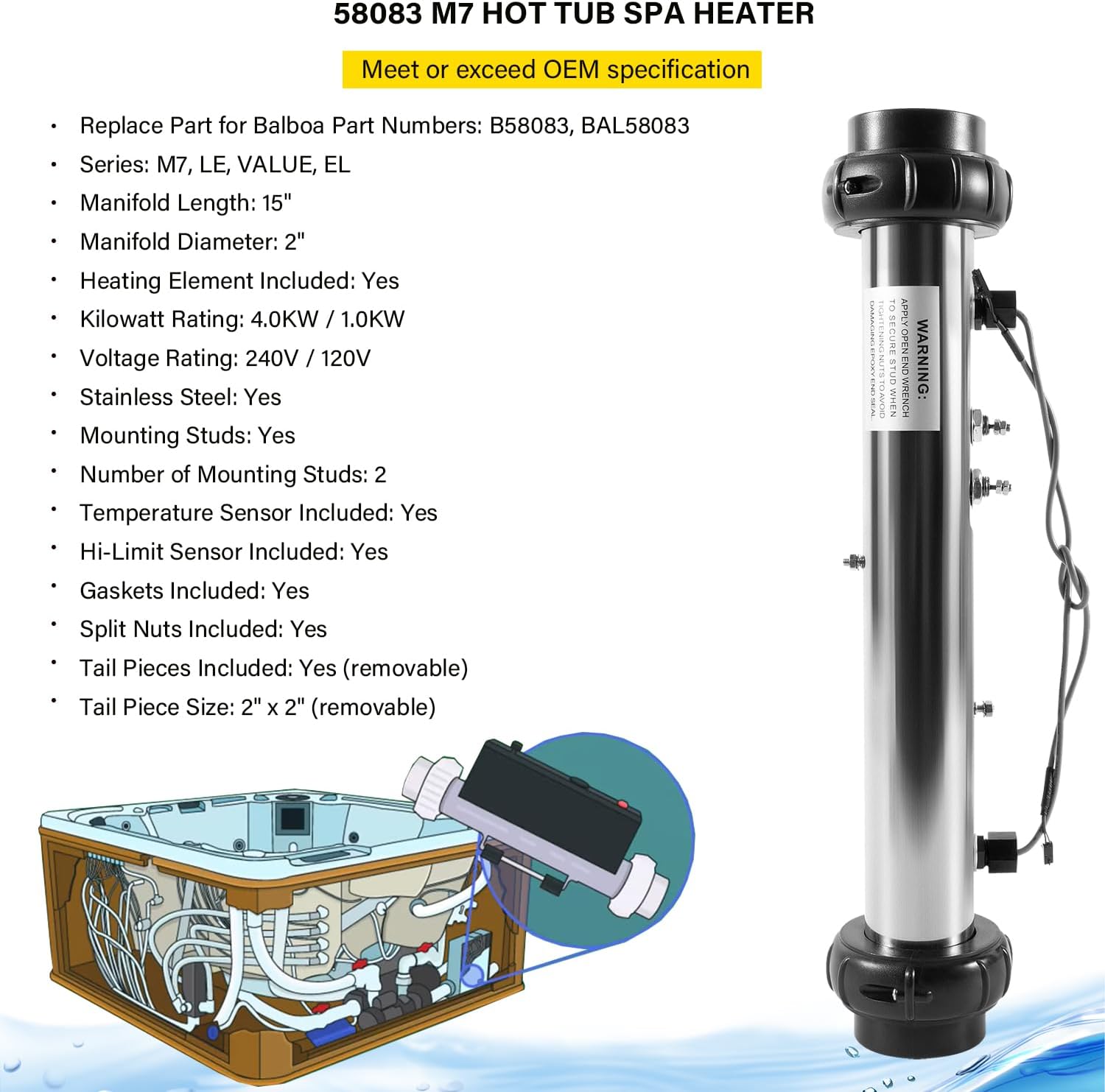 Directly Replacement for Balboa 58083 Hot Tub Heater Element 25-175-1010 VS M7 Spa Heater Assembly, 5.5KW, 240V, 58083,58282 Compatible with Balboa BP, VS, and EL2001 Control Systems