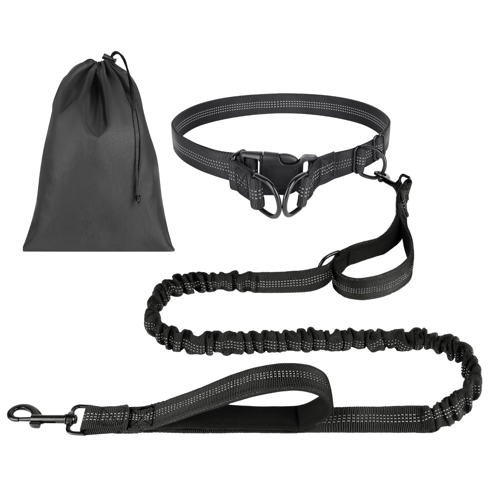 OFFCUP Hands Free Dog Lead with Pouch, Dog Running Lead with Adjustable Waist Belt and Dual-Handle for Walking Hiking Training Jogging, Waist Leash with Reflective Stitches (Black)