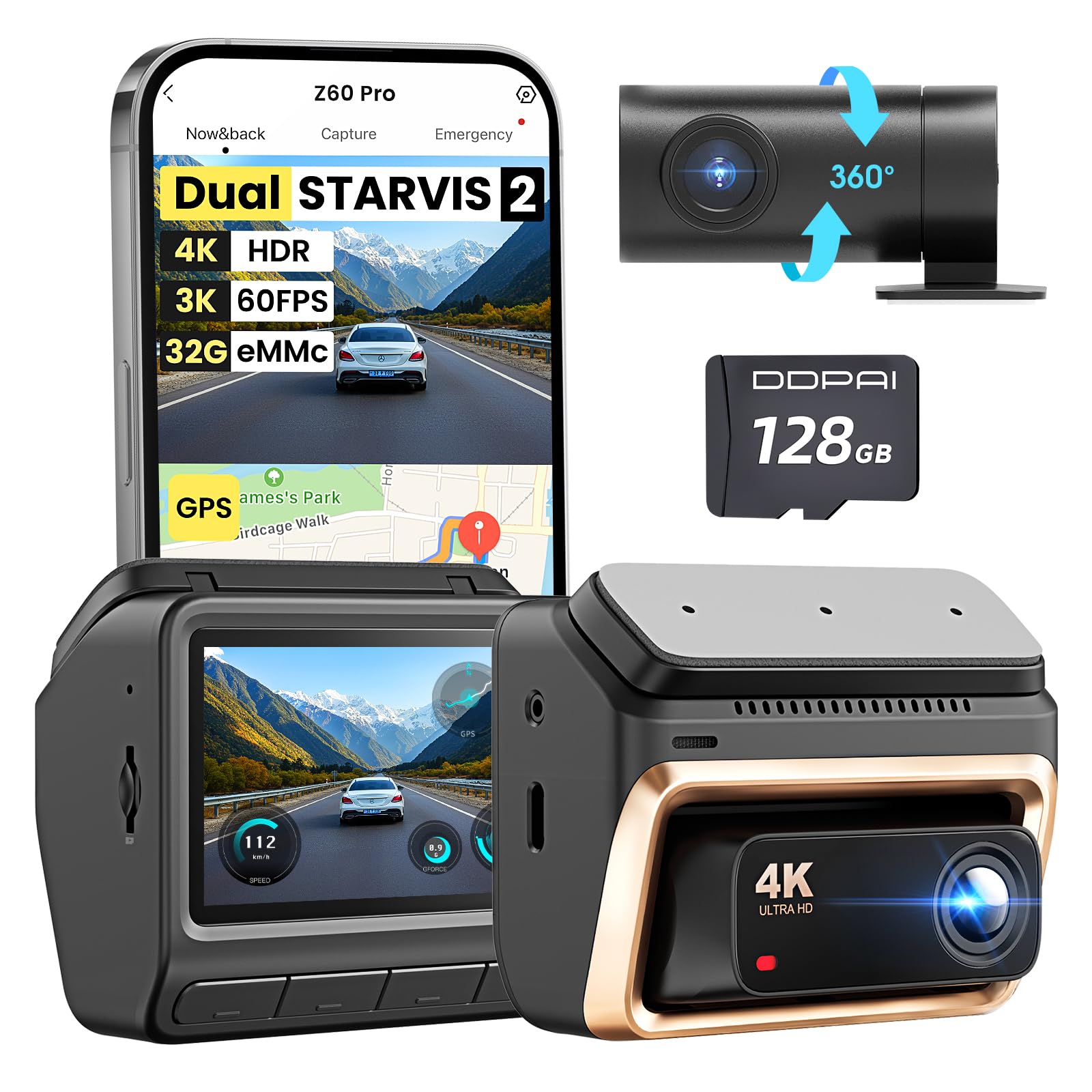 DDPAI Z60 Pro Dashcam Auto 4K, Dual STARVIS 2 IMX678 60FPS HDR, eMMC Integrata 32GB + Scheda 128GB Gratuita, Visione Notturna AI-ISP, 4G LTE, WiFi 5GHz, GPS, Modalità Parcheggio 24h, Schermo IPS 3"