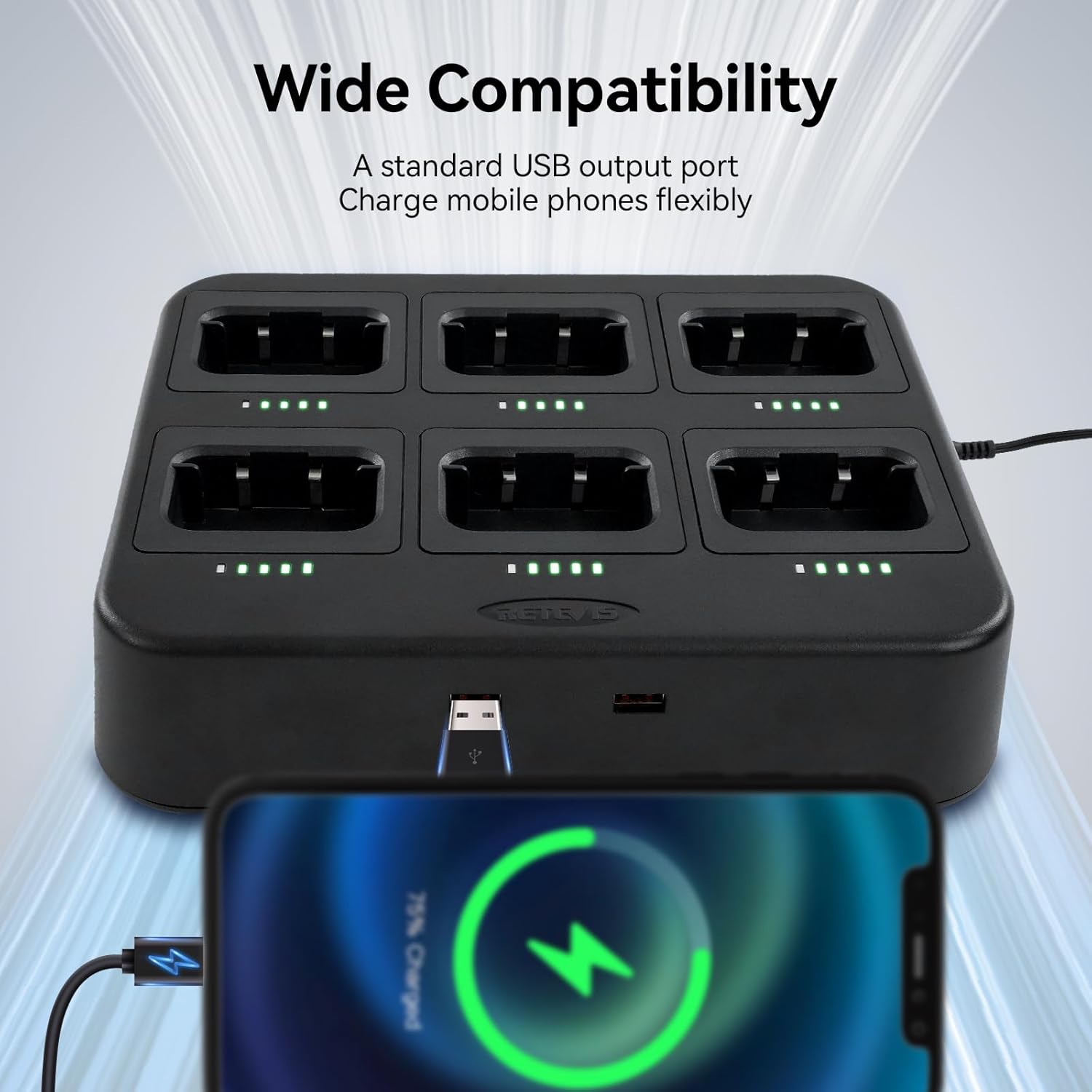 Retevis RT17 RB29 Six Way Charger, Multi Unit Walkie Talkie Charger, for Retevis RT17 RB29 Walkie Talkie and Battery, 5 LED Indicators, AC/DC Adapter, Replaceable Base, Multiple Protection(1 Pack)